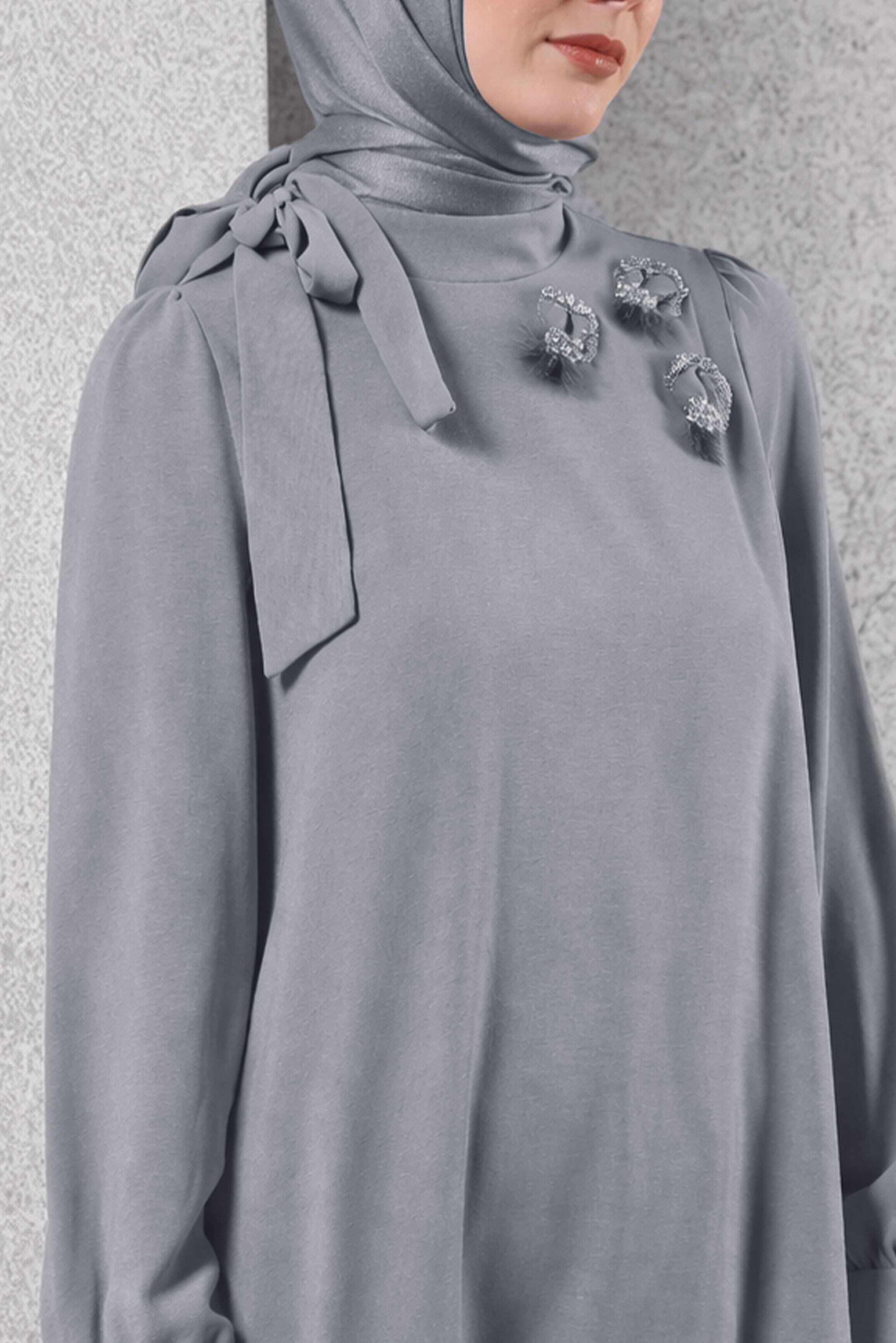 Vêtements hijab GRIS TUNIQUE À COL NOUÉ 45171