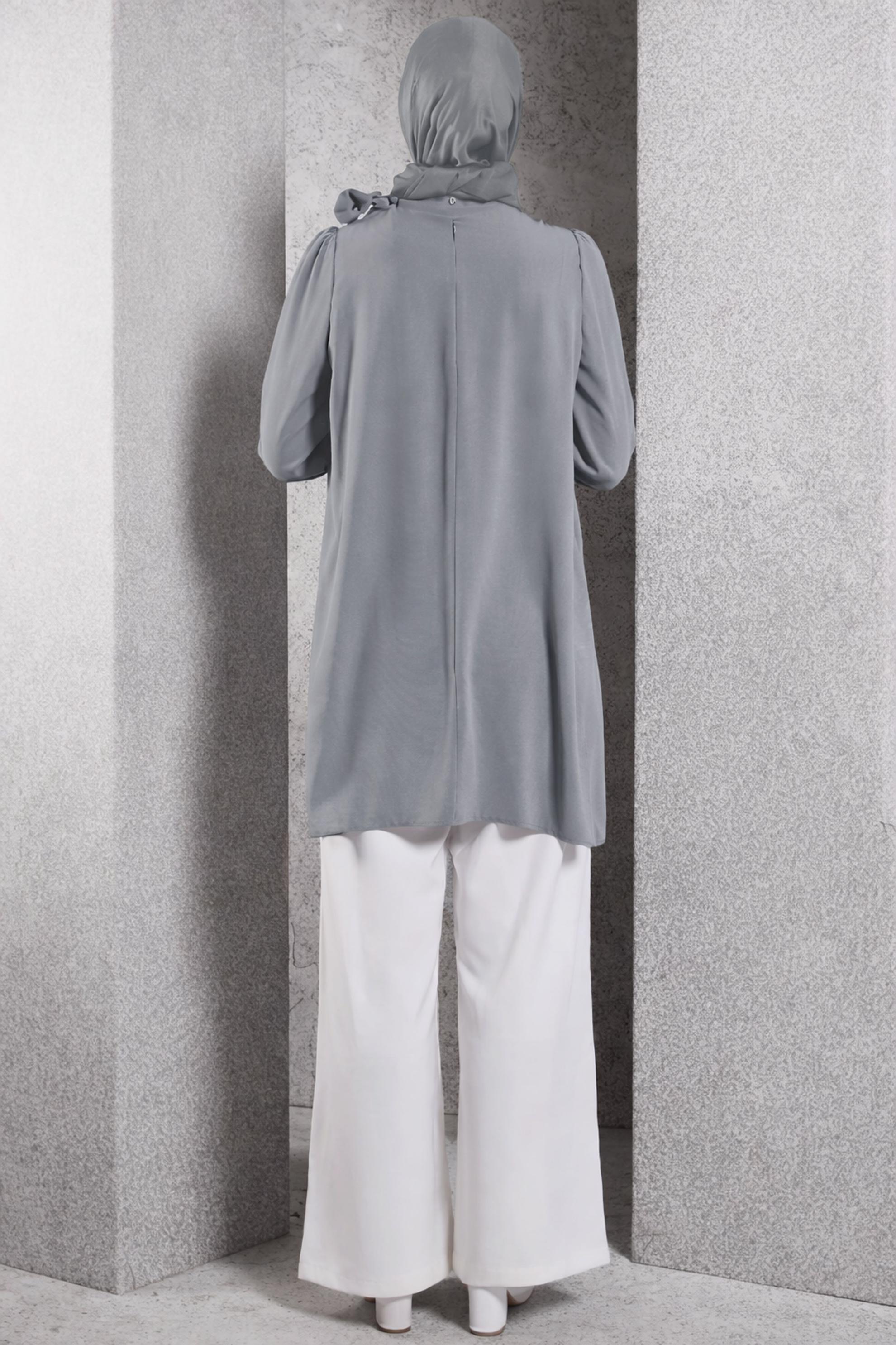 Vêtements hijab GRIS TUNIQUE À COL NOUÉ 45171