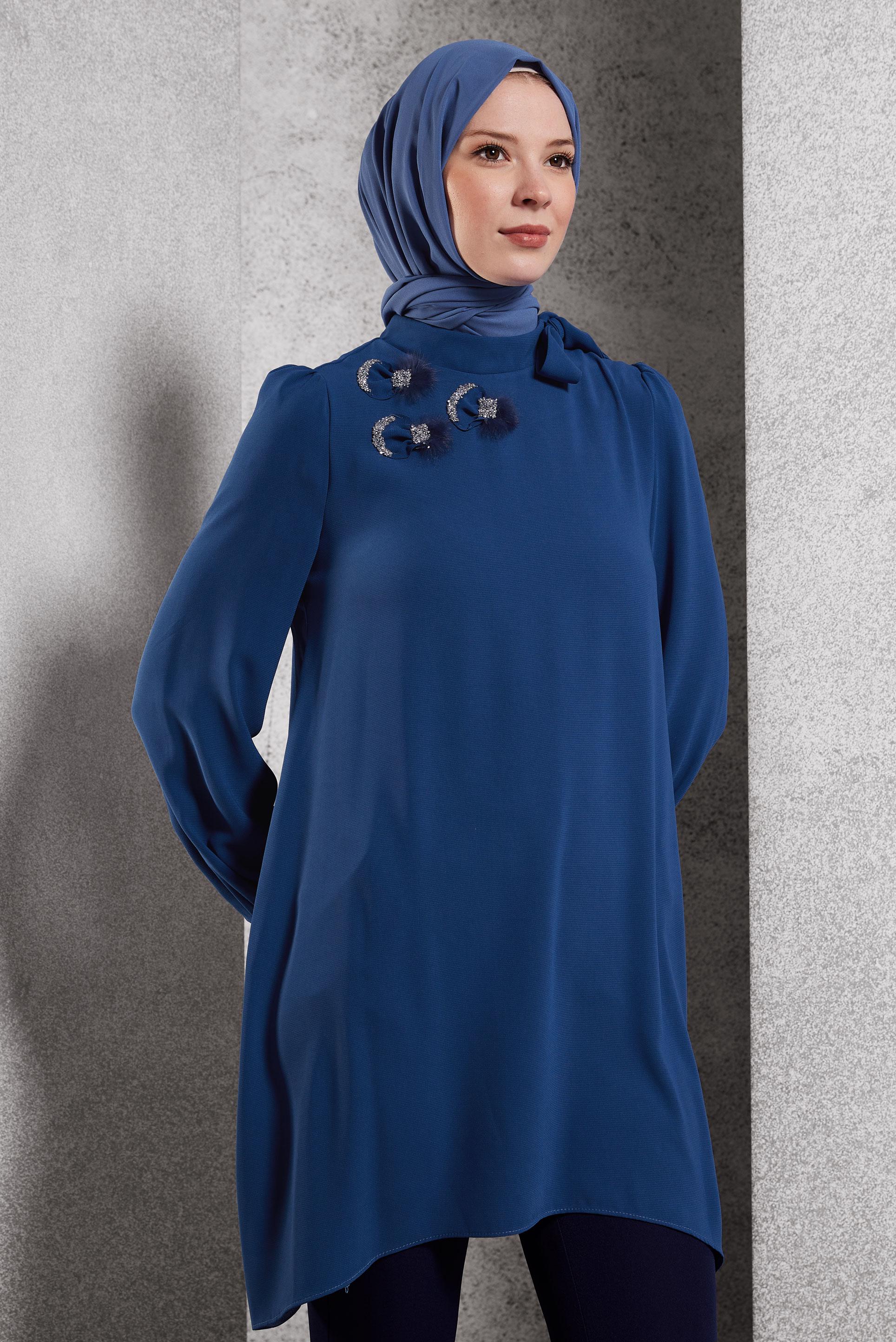 Tesettür giyim LACİVERT YAKASI BAĞLAMALI TUNİK 45171