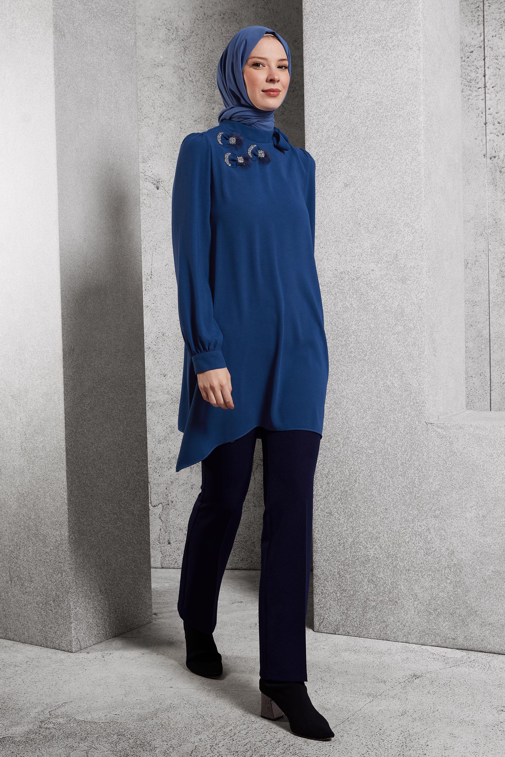 Tesettür giyim LACİVERT YAKASI BAĞLAMALI TUNİK 45171