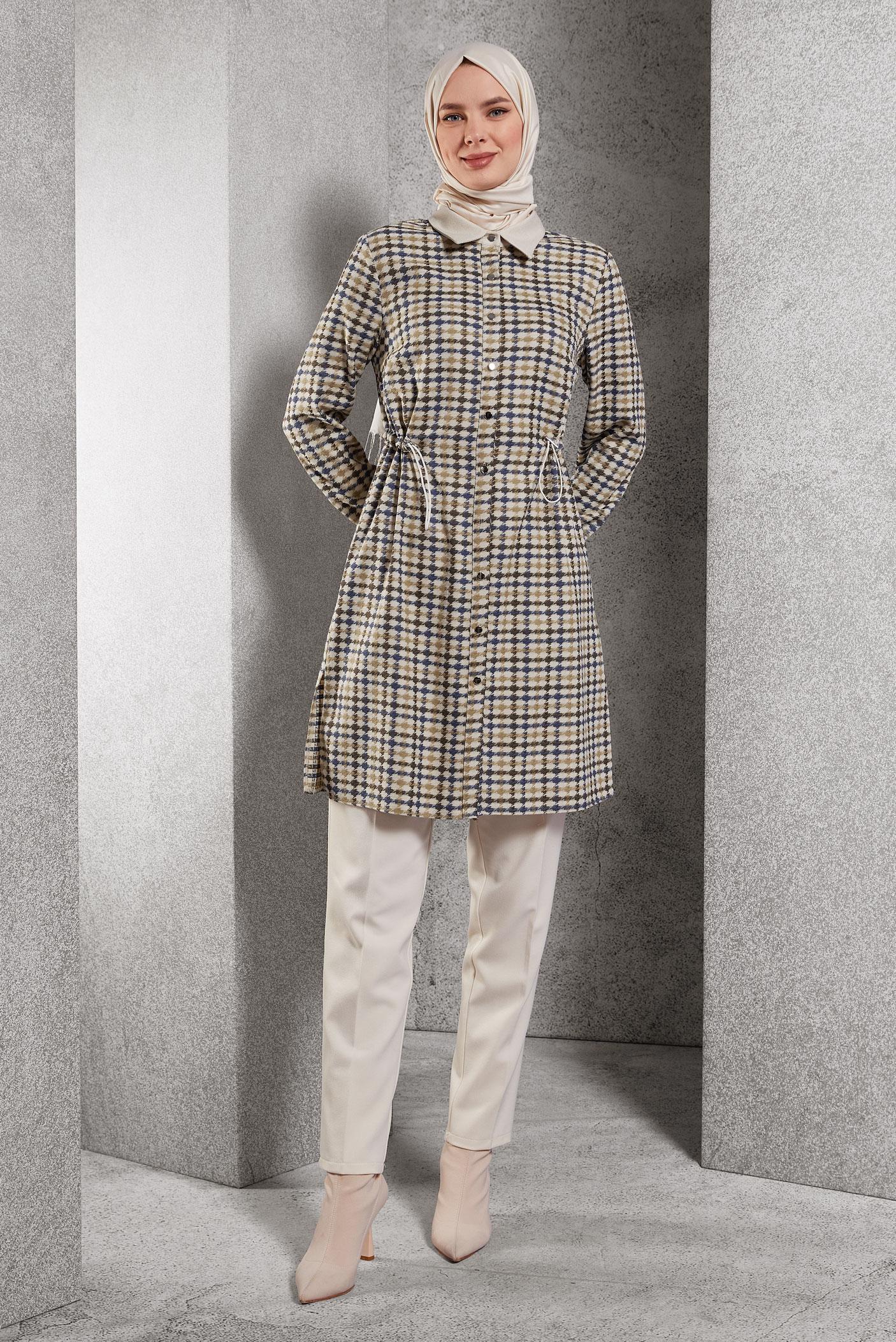 Tesettür giyim BEJ DESENLİ TUNİK 45177