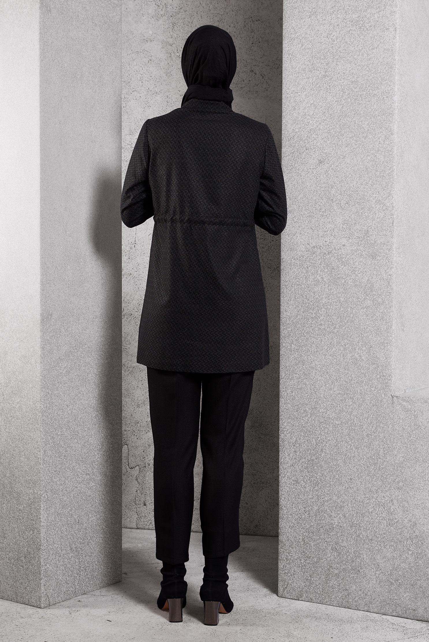 Tesettür giyim SİYAH BELİ BÜZGÜLÜ TUNİK 45178