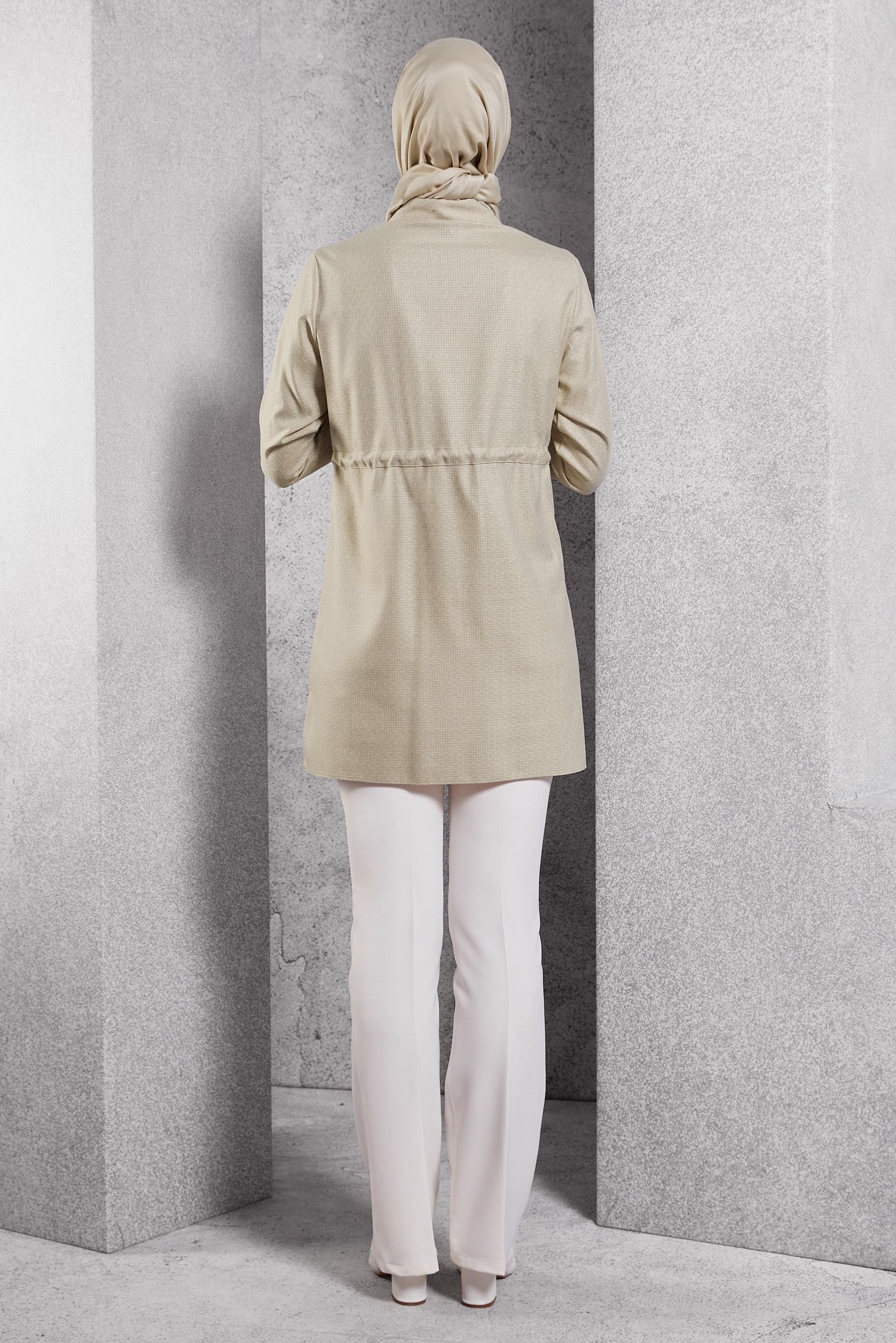 Tesettür giyim BEJ BELİ BÜZGÜLÜ TUNİK 45178