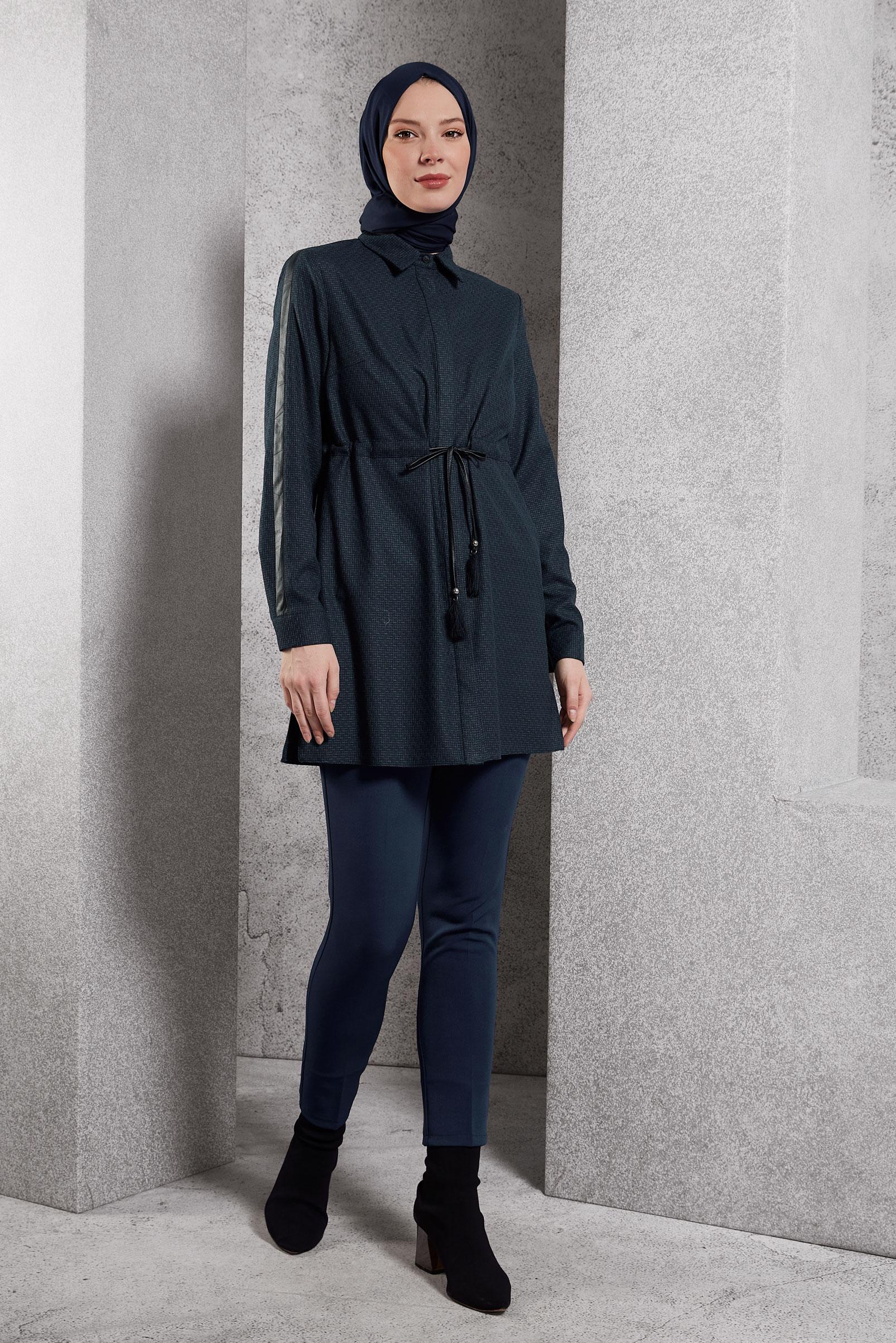 Tesettür giyim LACİVERT BELİ BÜZGÜLÜ TUNİK 45178