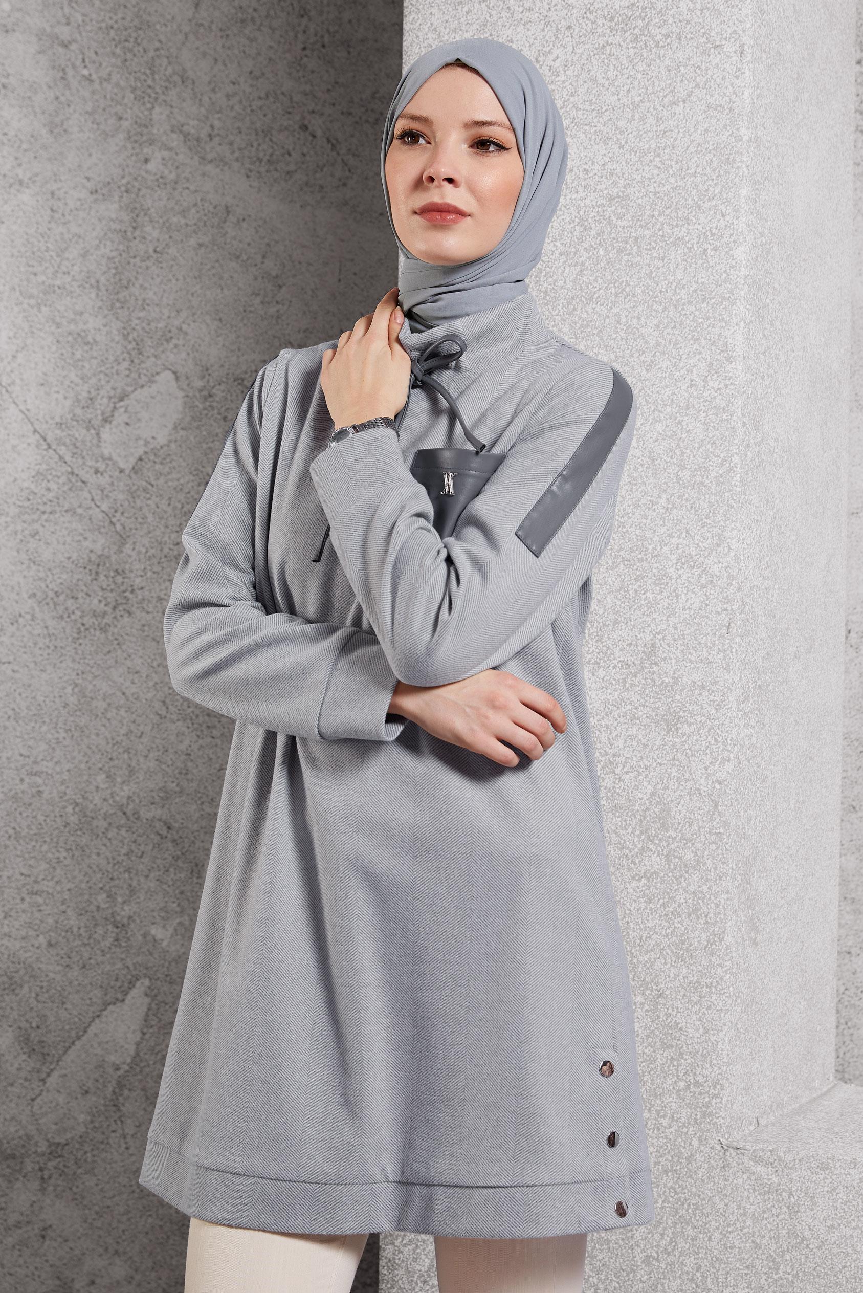 Tesettür giyim GRİ CEP DETAYLI TUNİK 45182