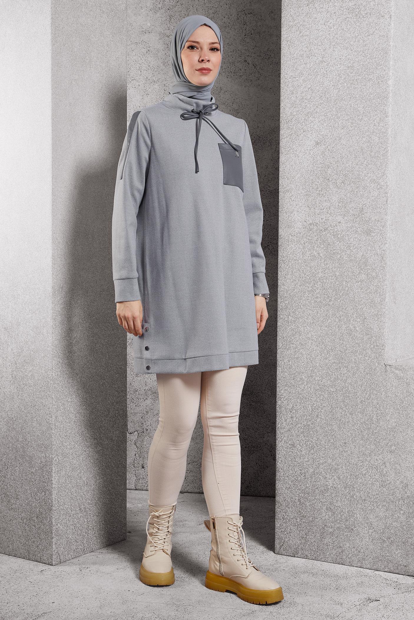 Tesettür giyim GRİ CEP DETAYLI TUNİK 45182