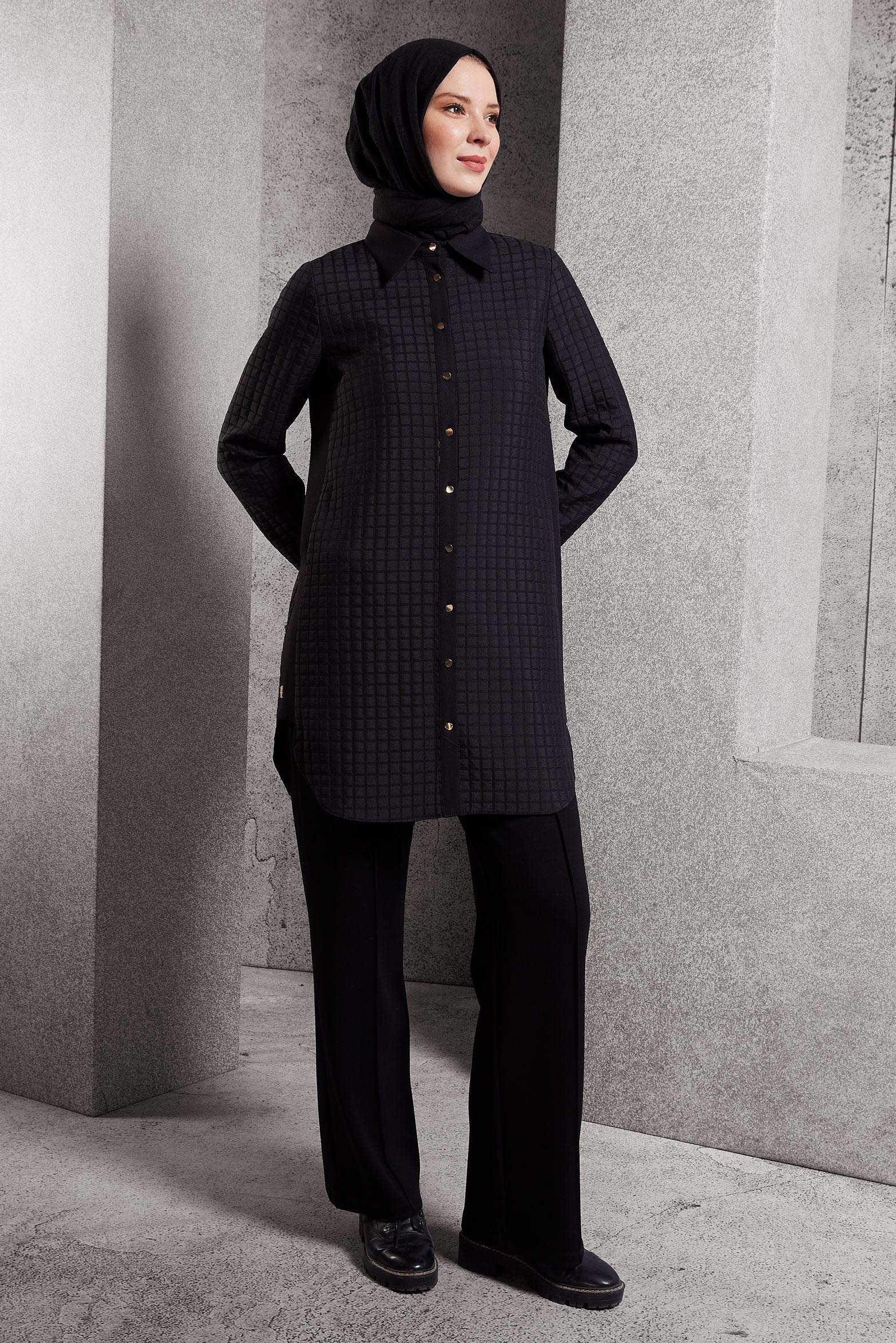 Tesettür giyim SİYAH KAPİTONE DESENLİ TUNİK 45193