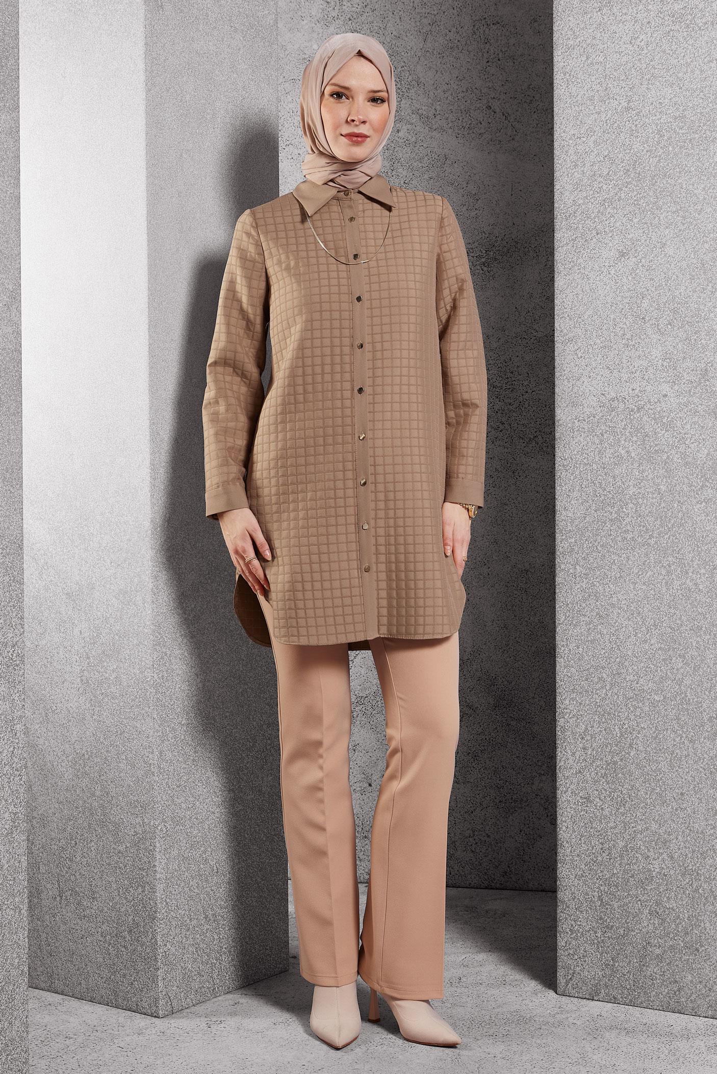 Tesettür giyim KAHVE KAPİTONE DESENLİ TUNİK 45193