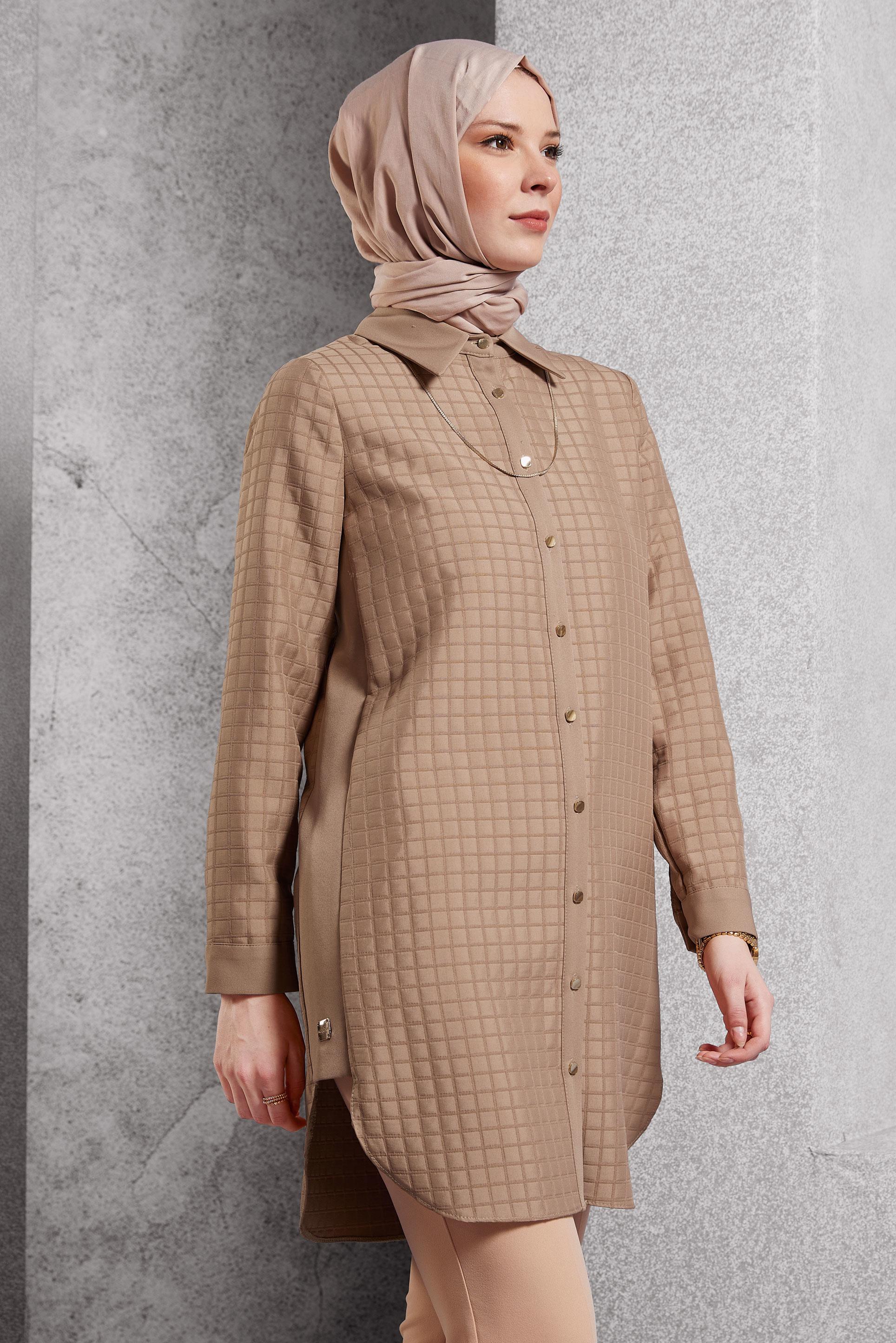 Tesettür giyim KAHVE KAPİTONE DESENLİ TUNİK 45193