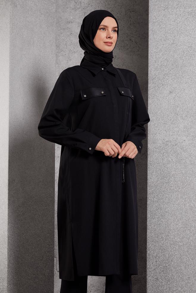 Vêtements hijab NOIR TUNIQUE COL CHEMISE 45194 - ALVİNA