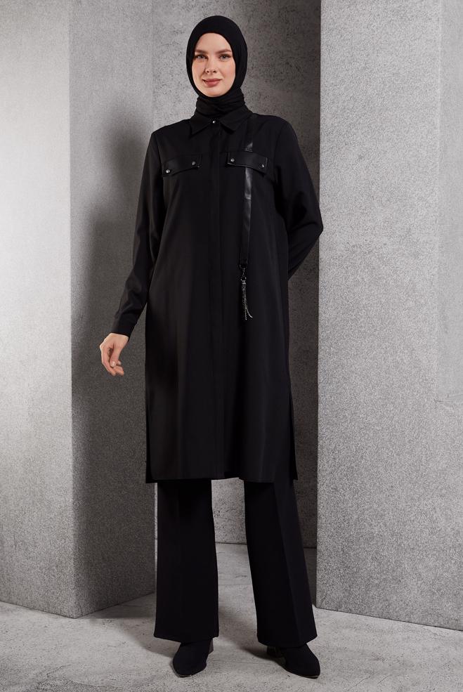 Vêtements hijab NOIR TUNIQUE COL CHEMISE 45194 - ALVİNA