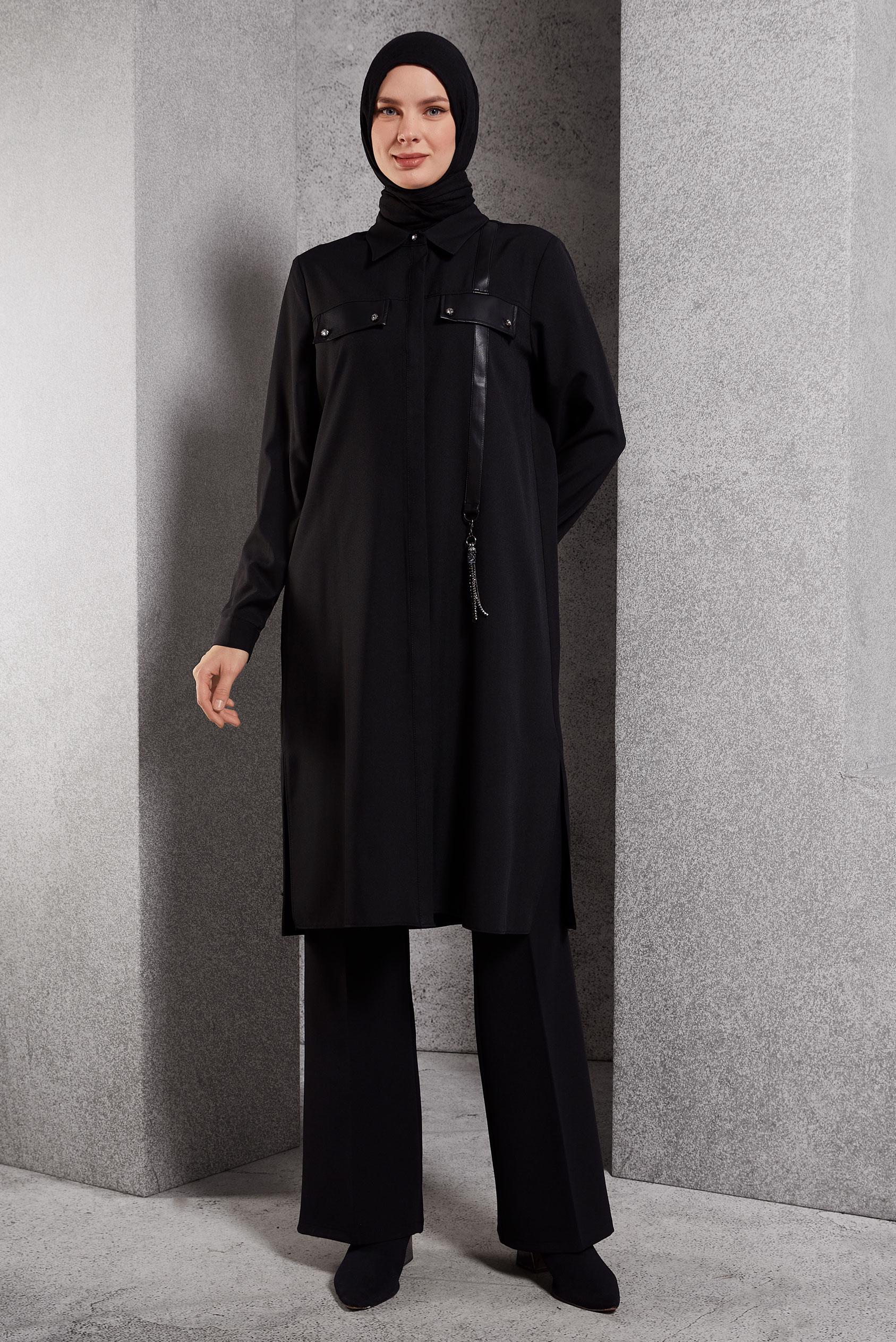 Tesettür giyim SİYAH GÖMLEK YAKA TUNİK 45194