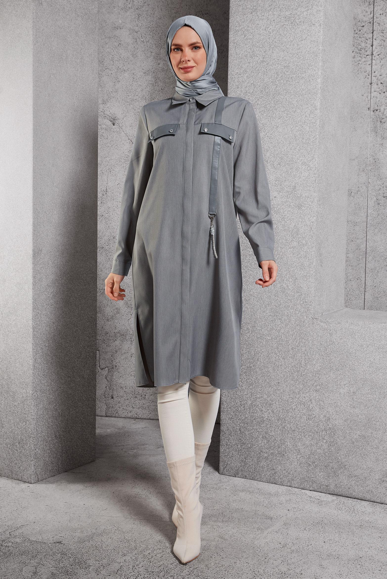 Tesettür giyim GRİ GÖMLEK YAKA TUNİK 45194