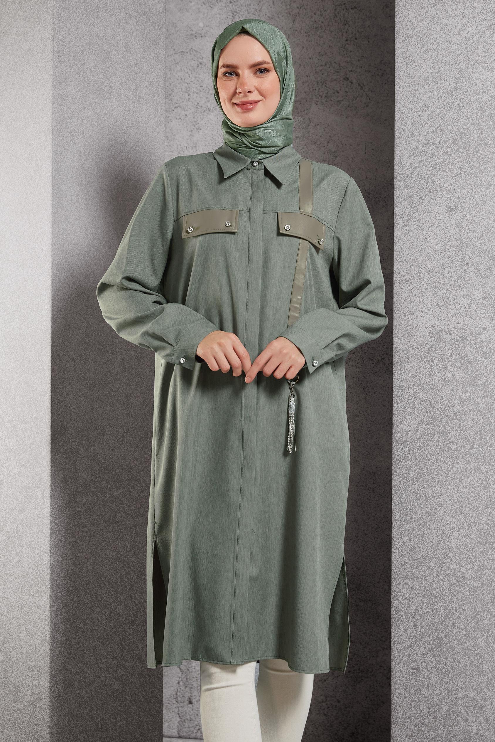 Tesettür giyim HAKİ GÖMLEK YAKA TUNİK 45194