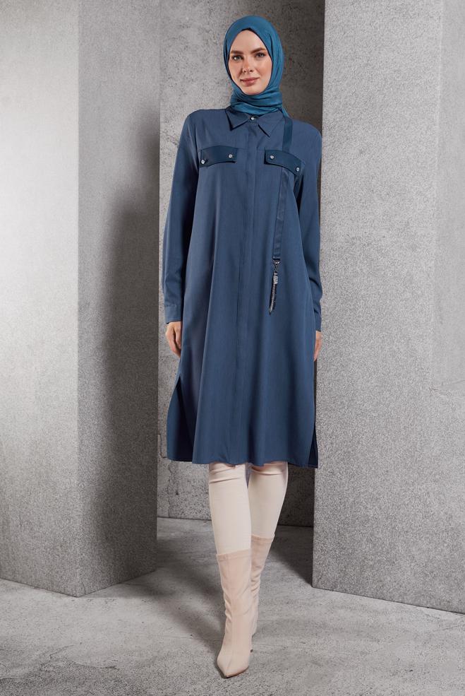 Vêtements hijab BLEU MARINE TUNIQUE COL CHEMISE 45194 - ALVİNA