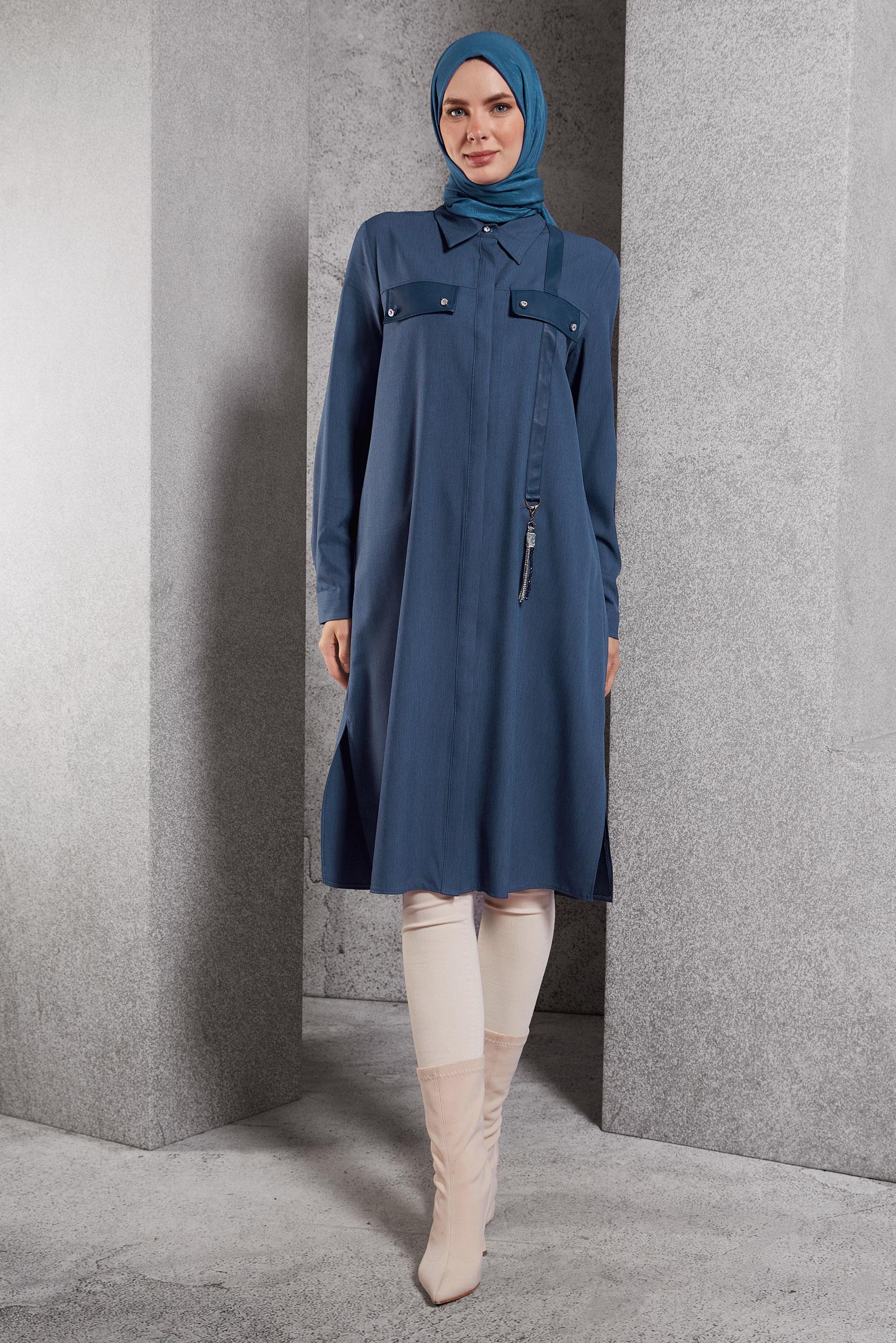 Tesettür giyim LACİVERT GÖMLEK YAKA TUNİK 45194