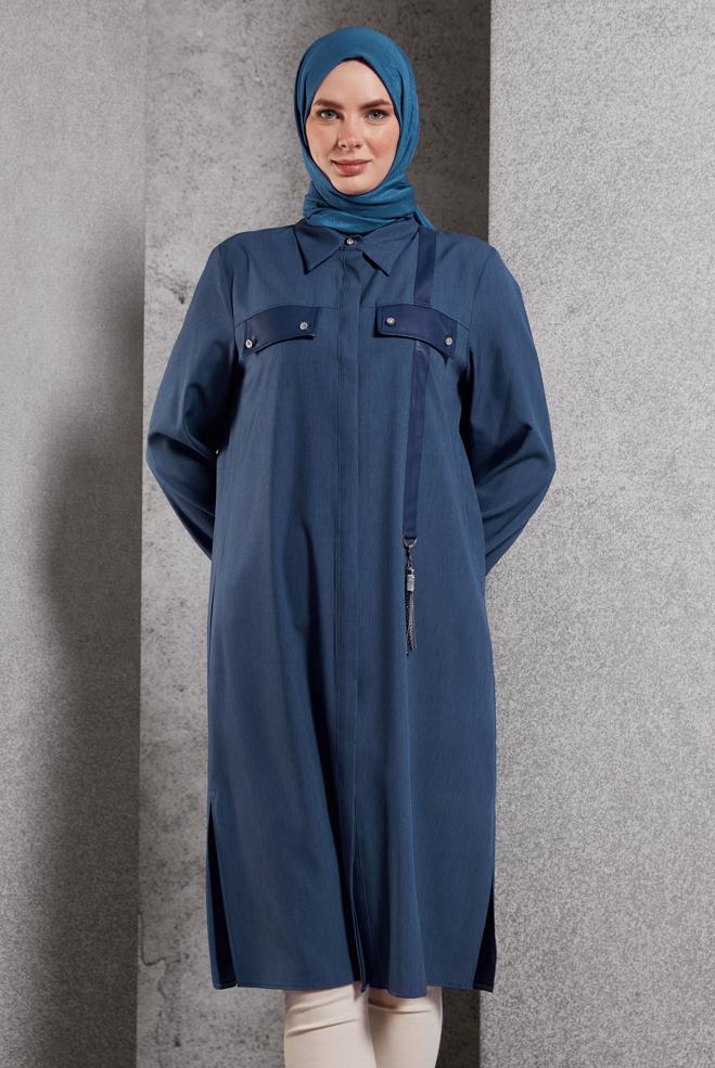 Vêtements hijab BLEU MARINE TUNIQUE COL CHEMISE 45194 - ALVİNA
