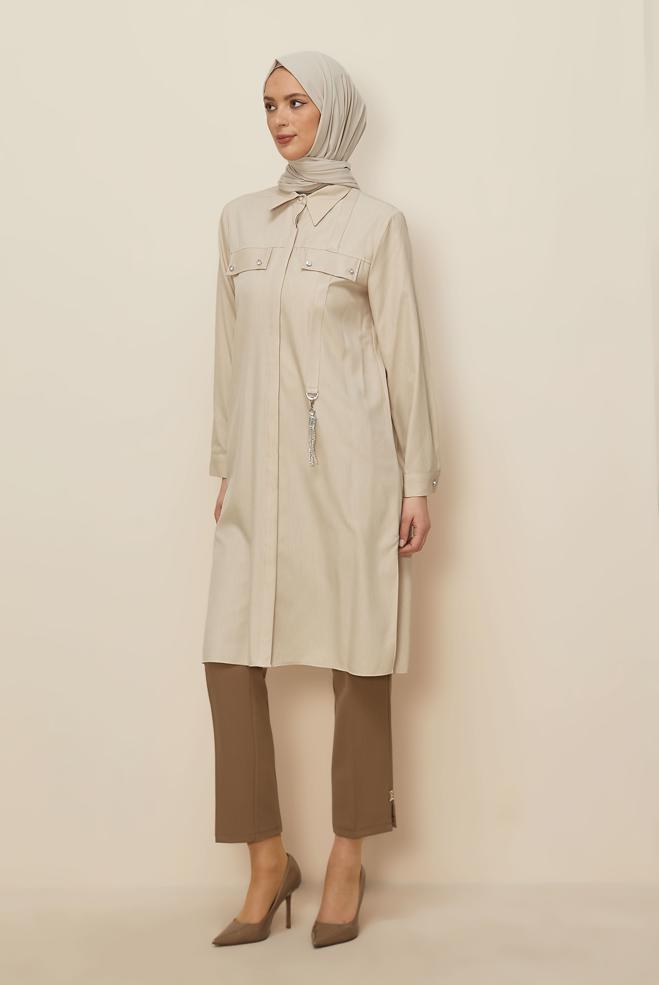 Vêtements hijab BEIGE TUNIQUE COL CHEMISE 45194 - ALVİNA