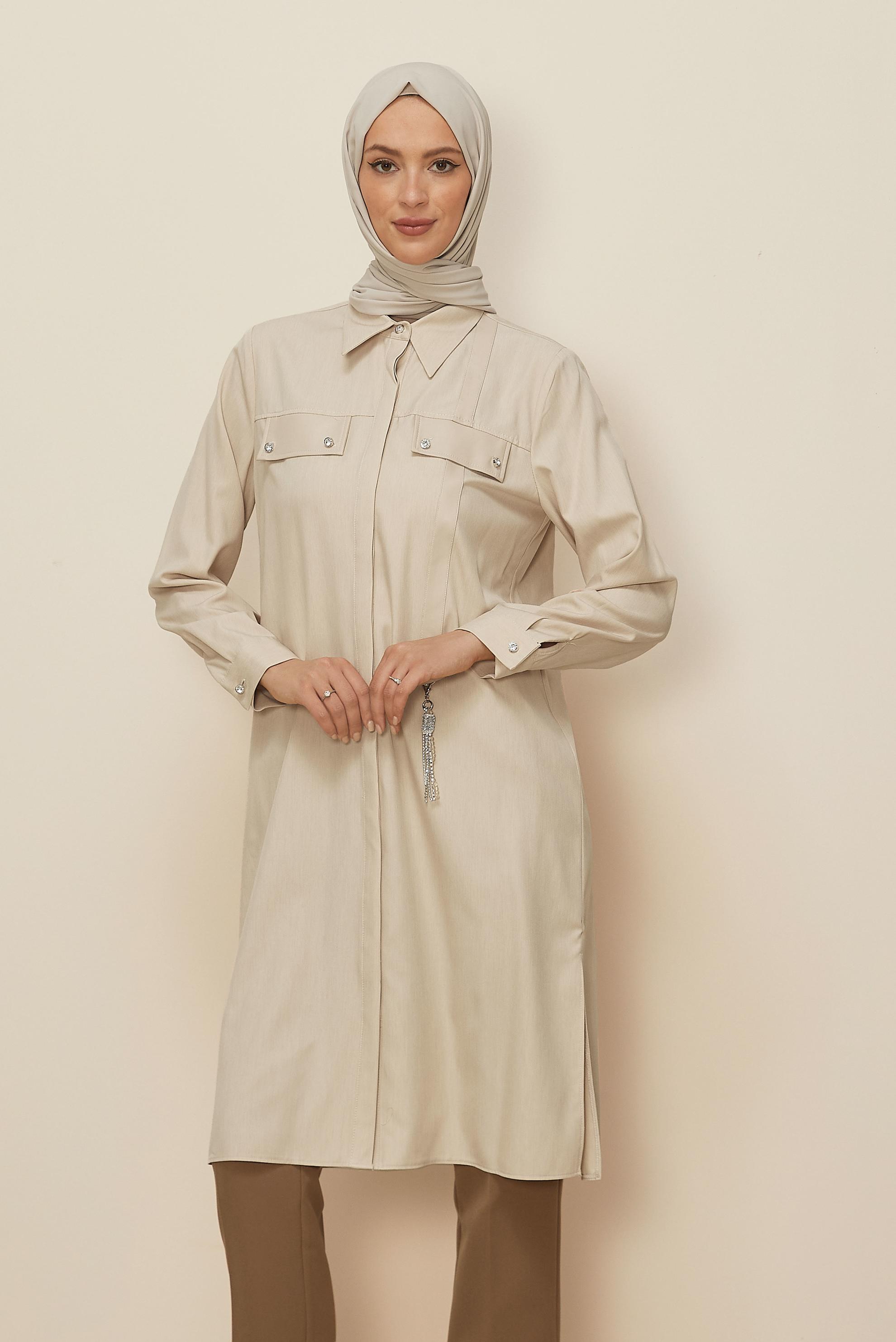 Vêtements hijab BEIGE TUNIQUE COL CHEMISE 45194