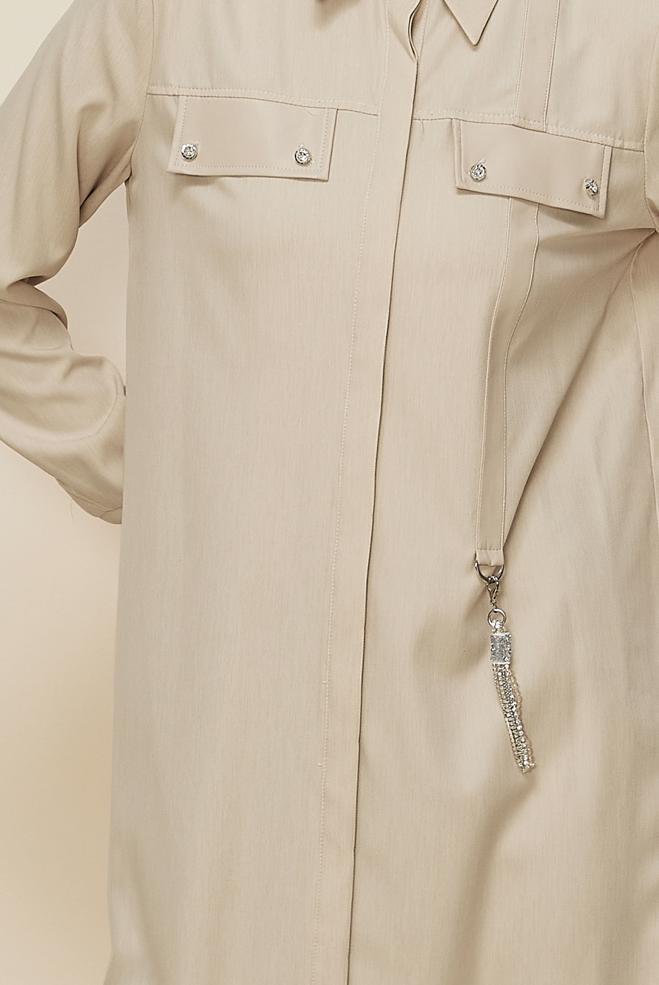 Vêtements hijab BEIGE TUNIQUE COL CHEMISE 45194 - ALVİNA