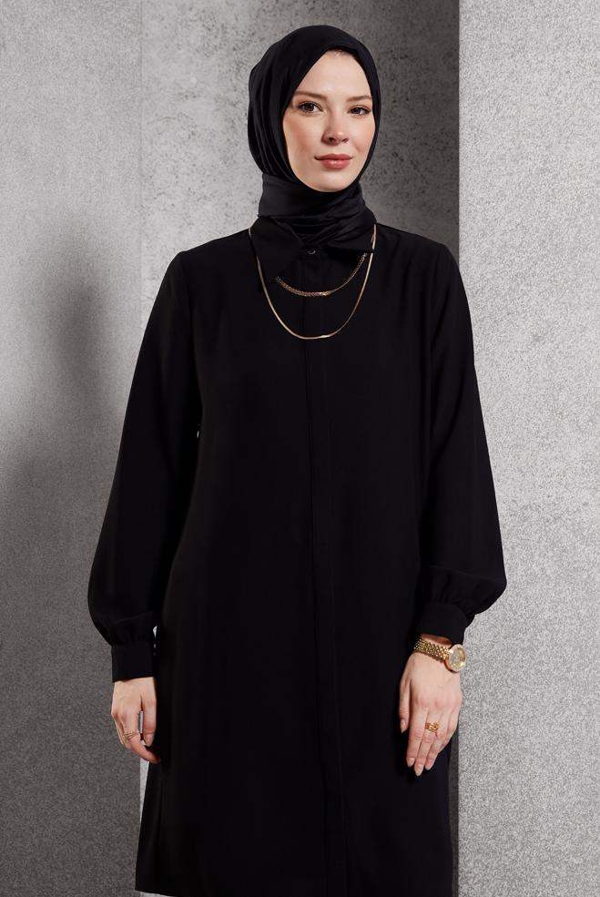Tesettür giyim SİYAH GÖMLEK YAKA TUNİK 45197 - ALVİNA