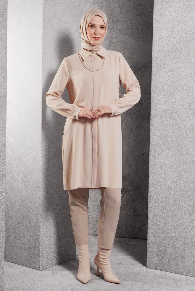 Tesettür giyim BEJ GÖMLEK YAKA TUNİK 45197 - ALVİNA