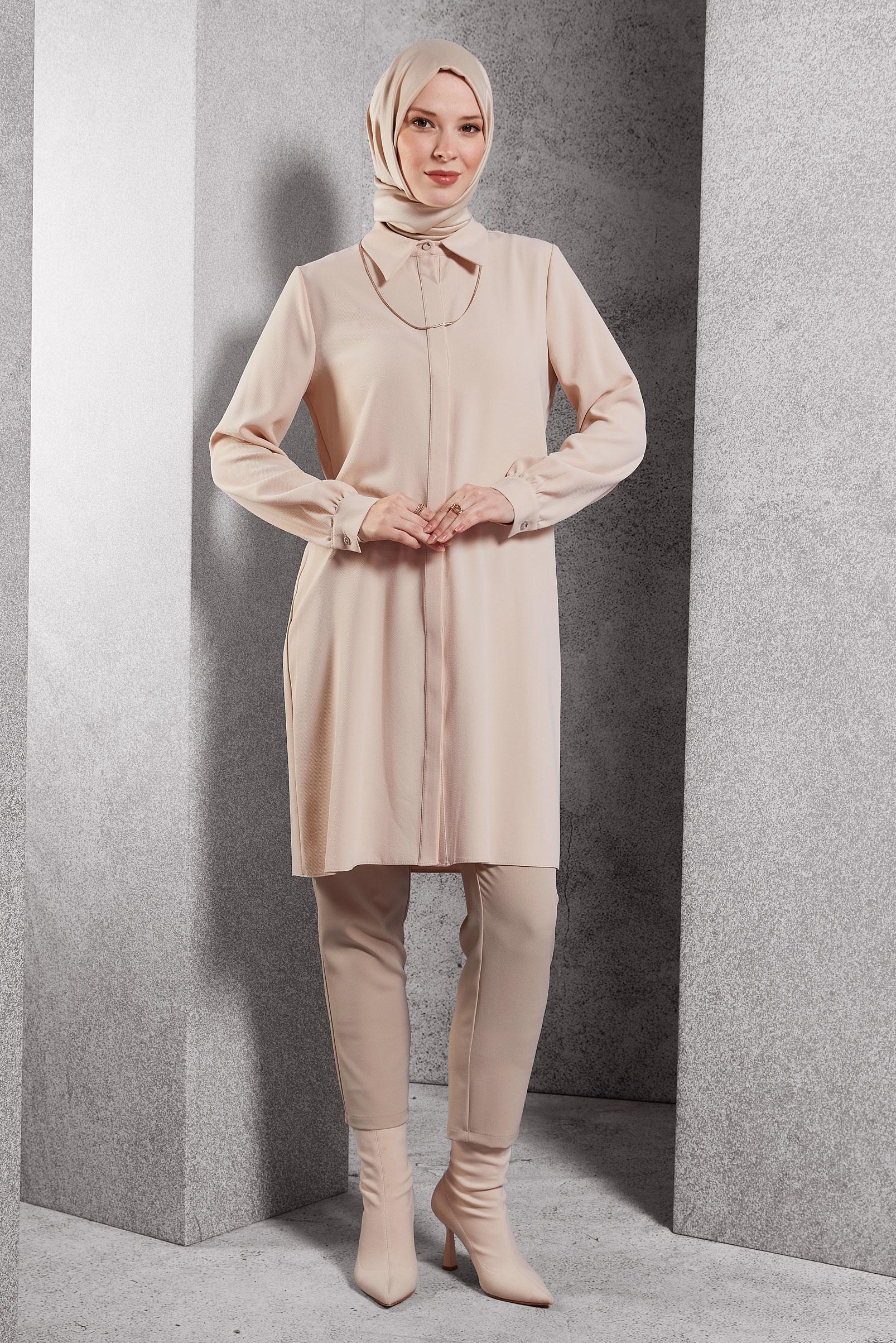 Tesettür giyim BEJ GÖMLEK YAKA TUNİK 45197