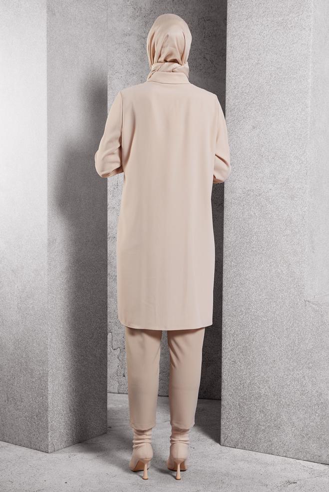 Tesettür giyim BEJ GÖMLEK YAKA TUNİK 45197 - ALVİNA