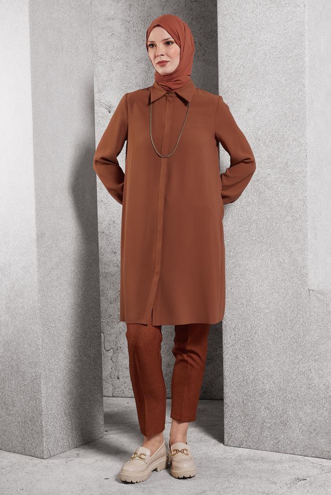 Tesettür giyim TURUNCU GÖMLEK YAKA TUNİK 45197 - ALVİNA