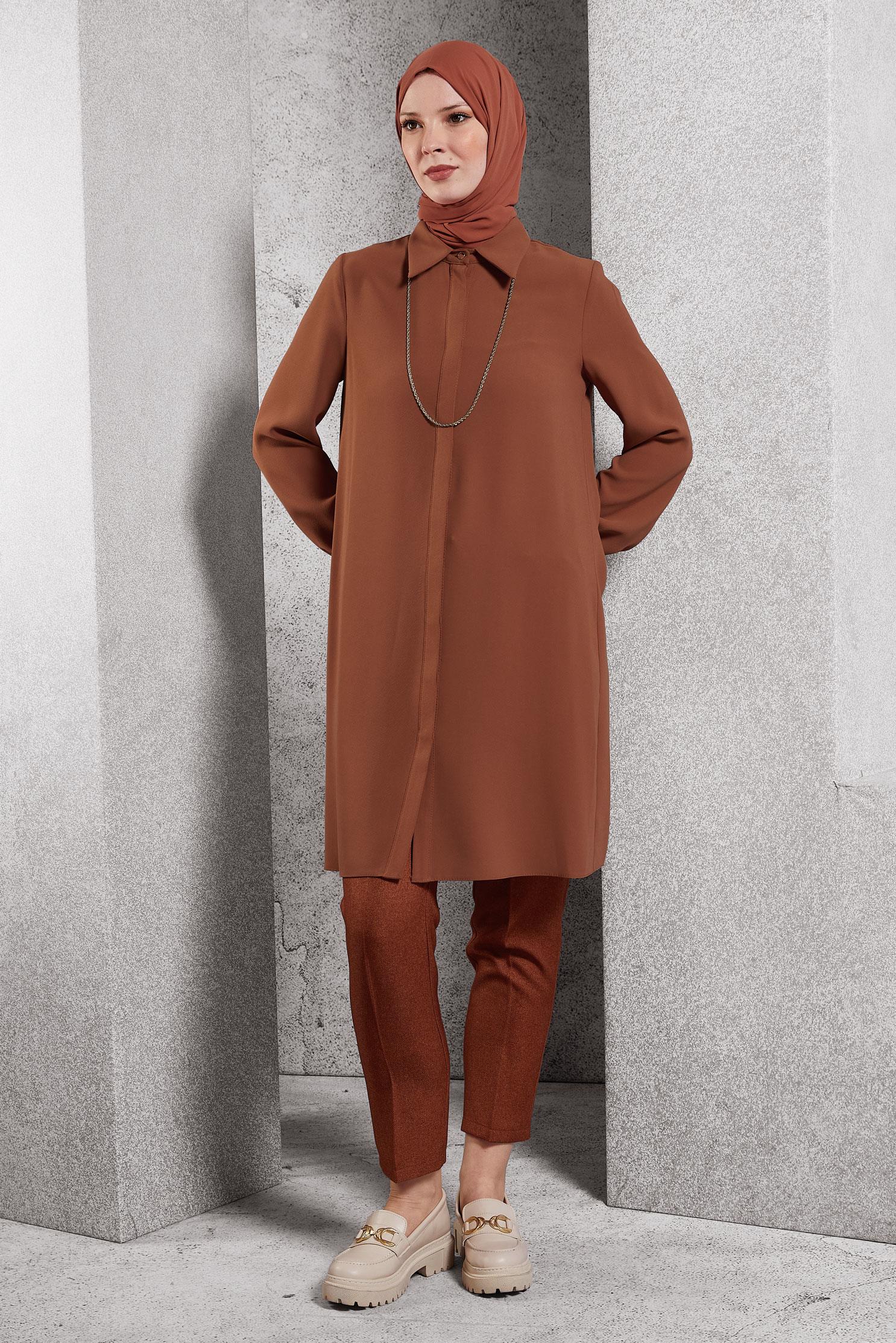 Tesettür giyim TURUNCU GÖMLEK YAKA TUNİK 45197