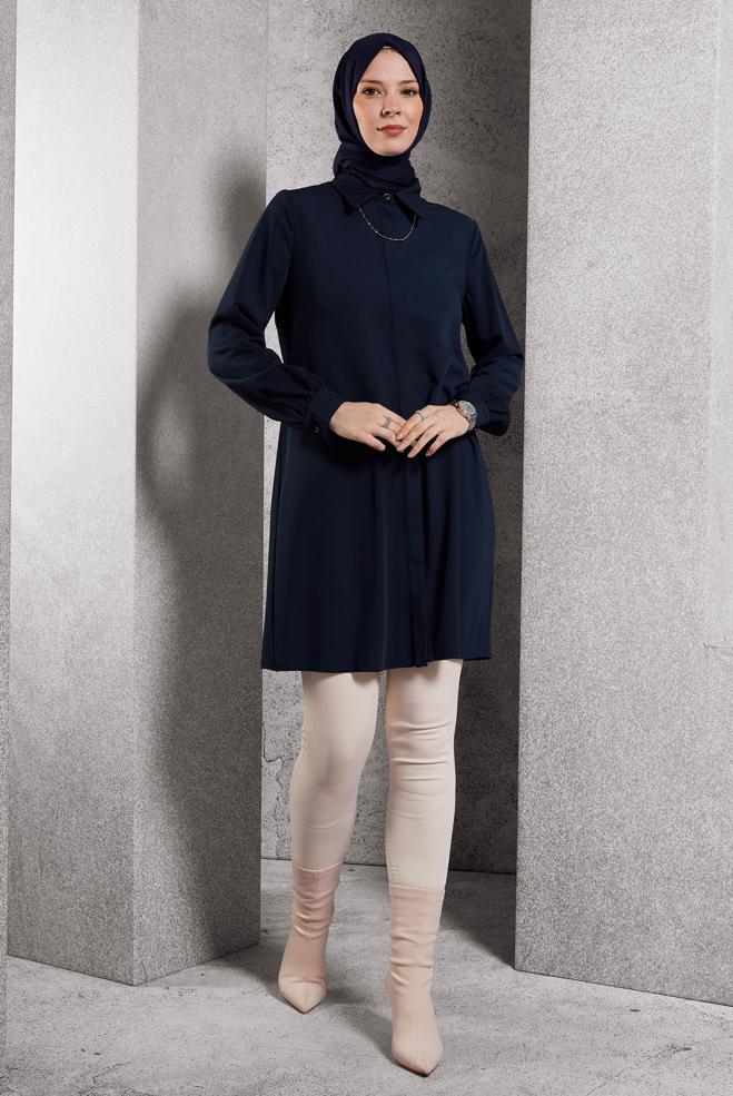 Tesettür giyim LACİVERT GÖMLEK YAKA TUNİK 45197 - ALVİNA