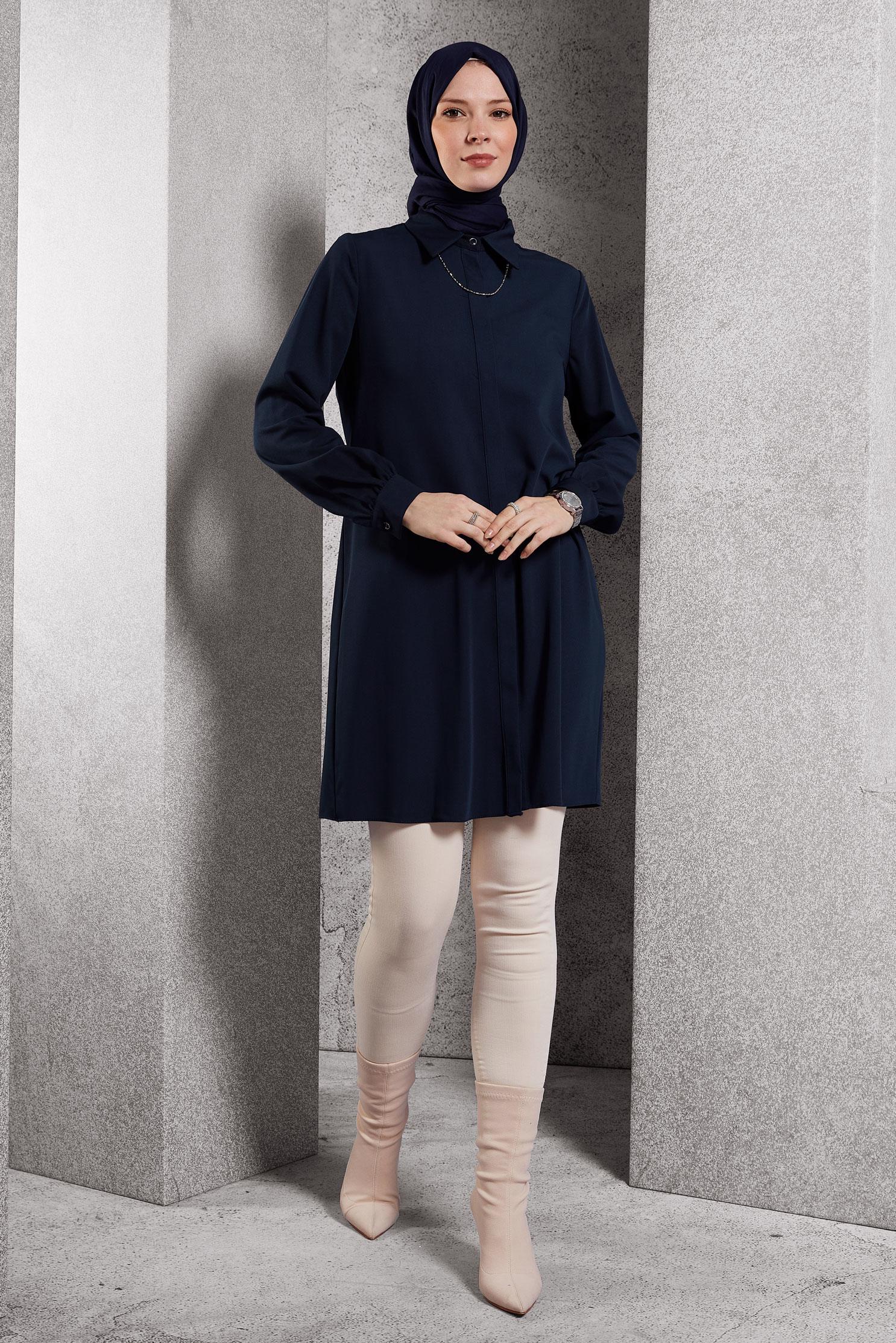 Tesettür giyim LACİVERT GÖMLEK YAKA TUNİK 45197