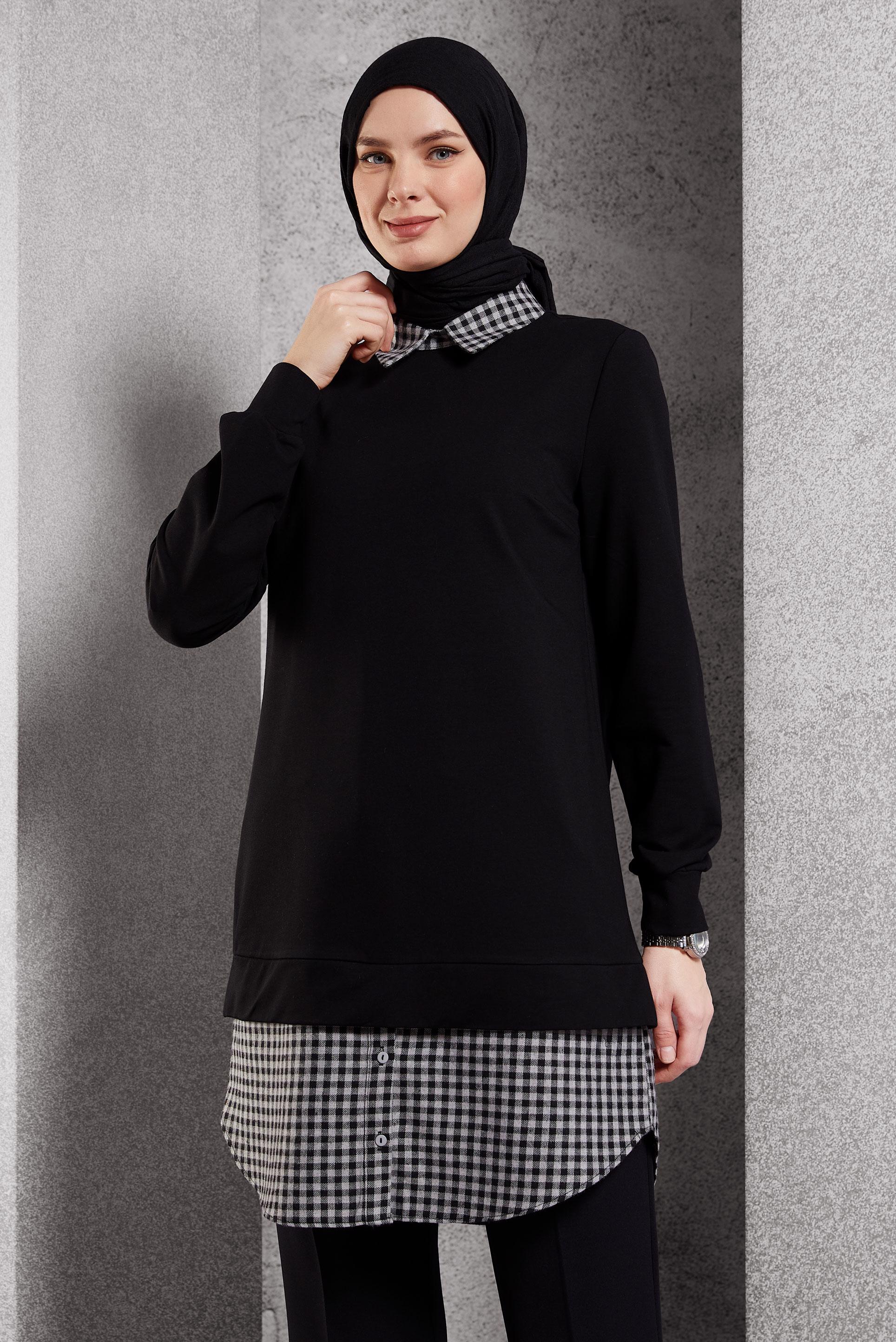 Tesettür giyim SİYAH GÖMLEK YAKA TUNİK 45198
