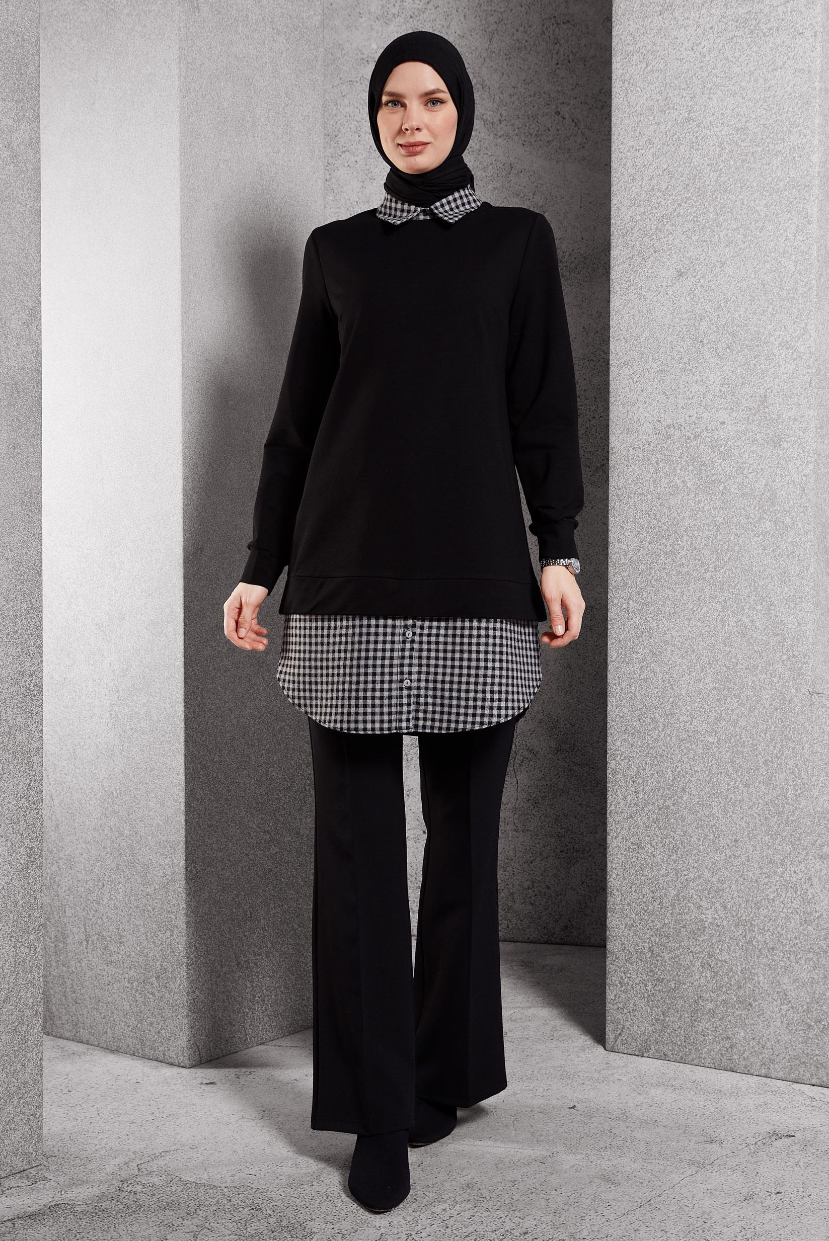 Tesettür giyim SİYAH GÖMLEK YAKA TUNİK 45198