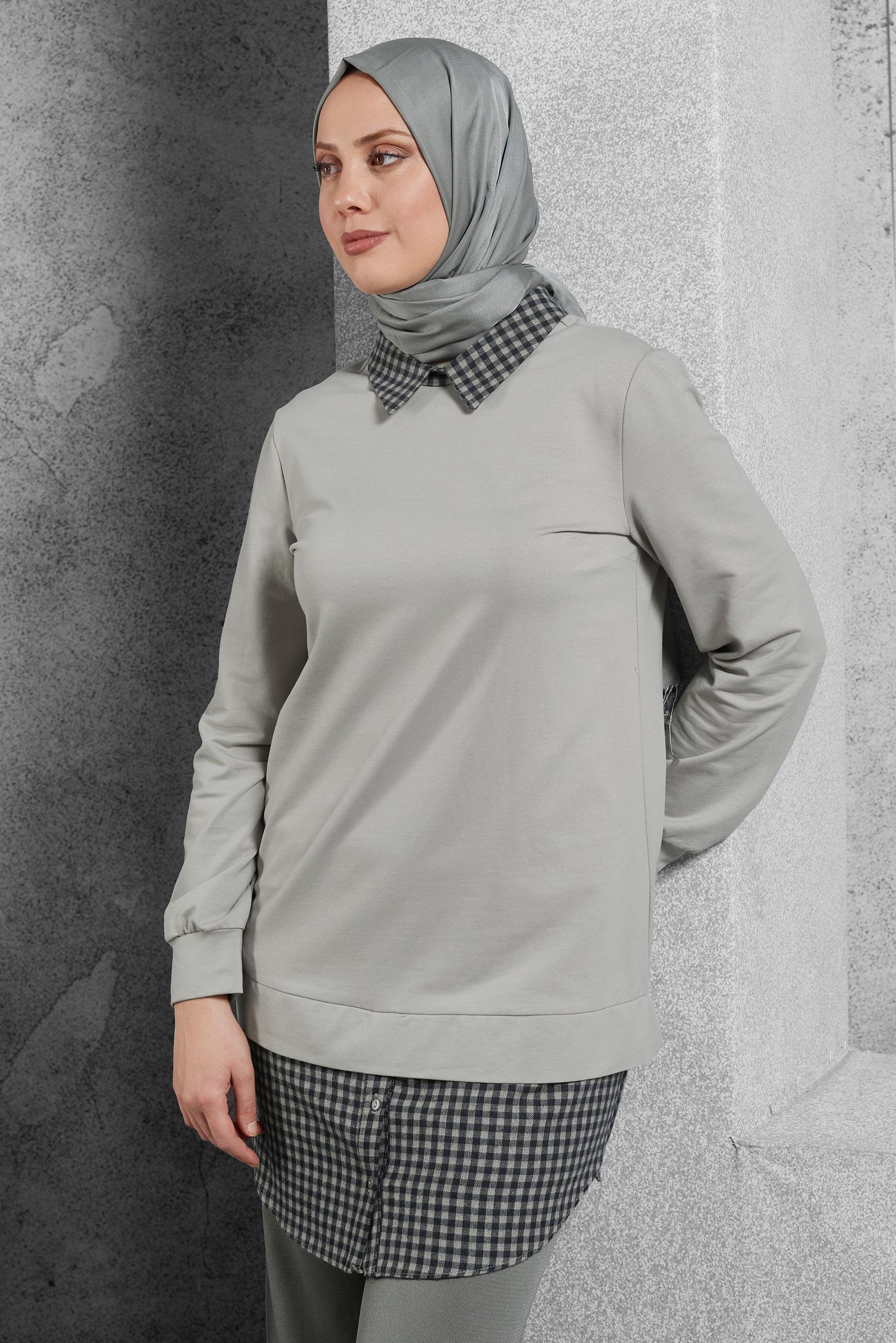 Tesettür giyim GRİ GÖMLEK YAKA TUNİK 45198