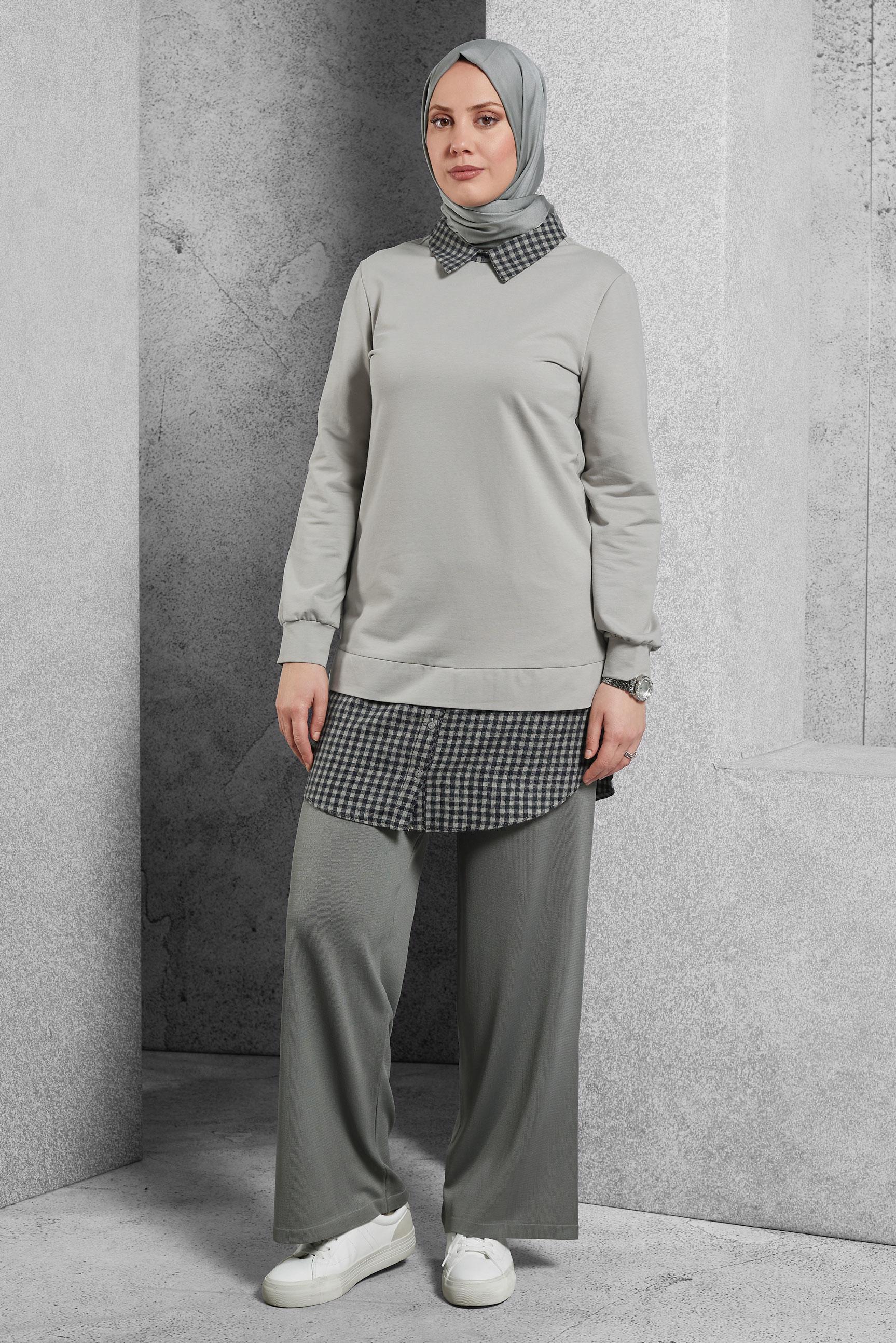 Tesettür giyim GRİ GÖMLEK YAKA TUNİK 45198