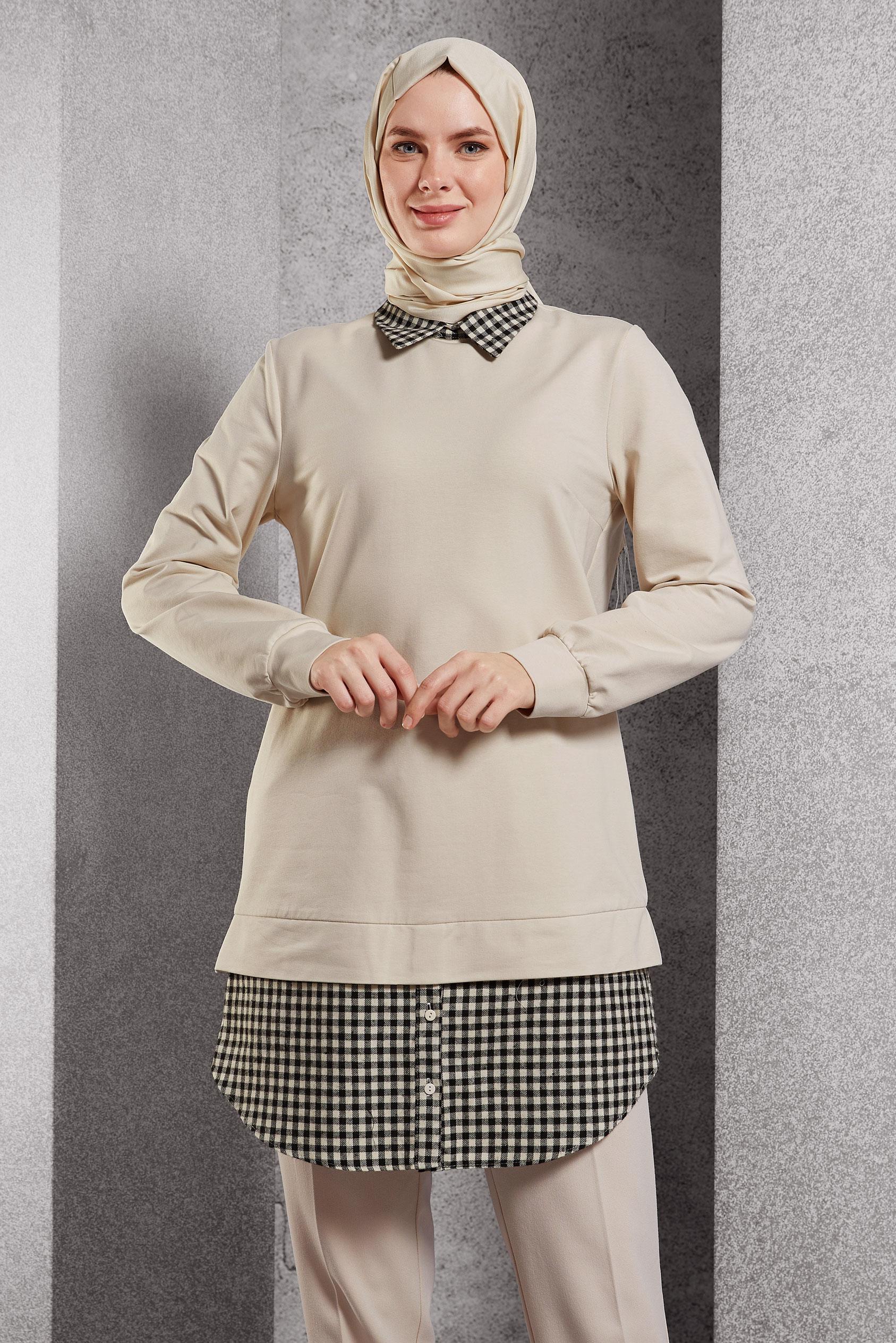 Tesettür giyim BEJ GÖMLEK YAKA TUNİK 45198