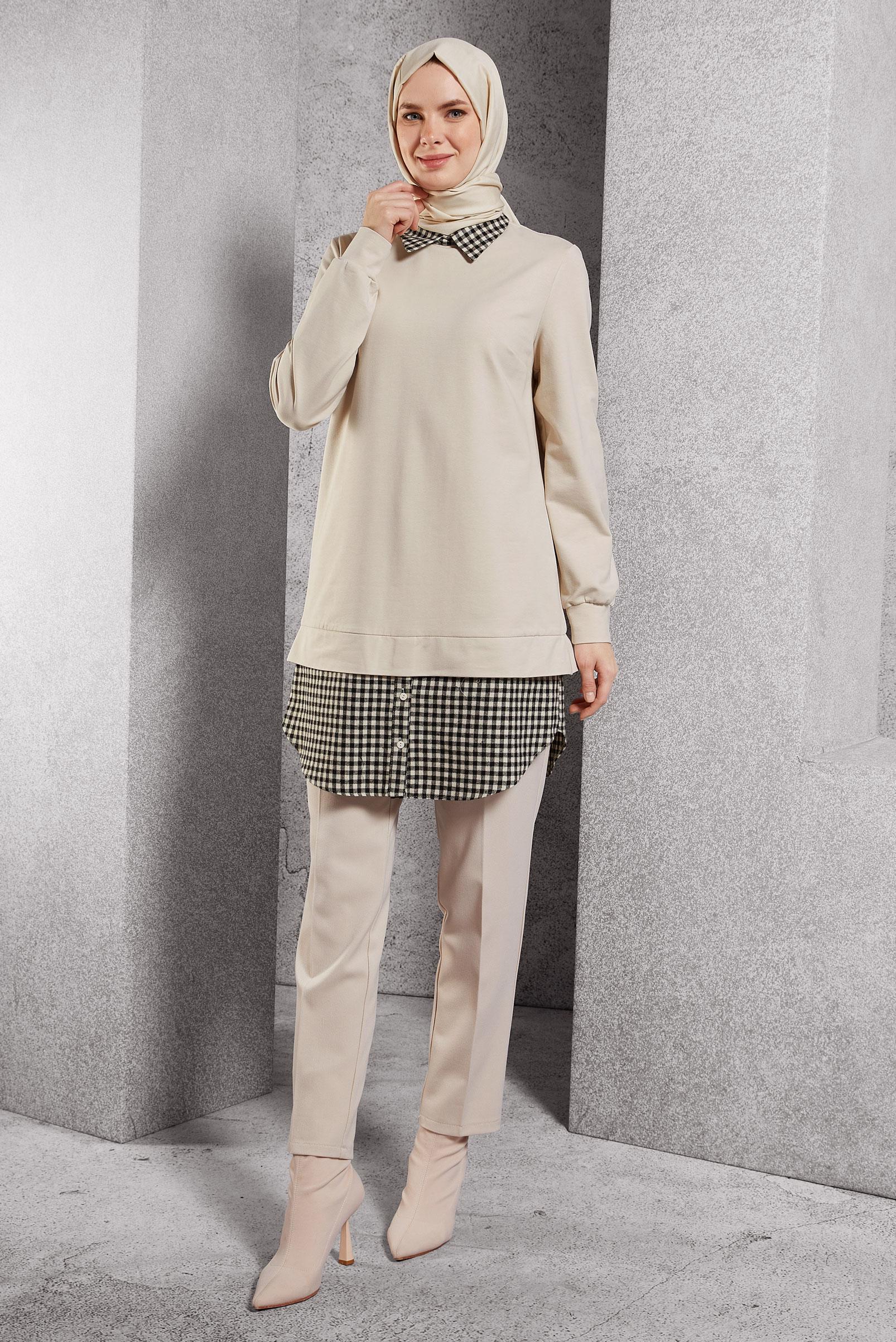 Tesettür giyim BEJ GÖMLEK YAKA TUNİK 45198
