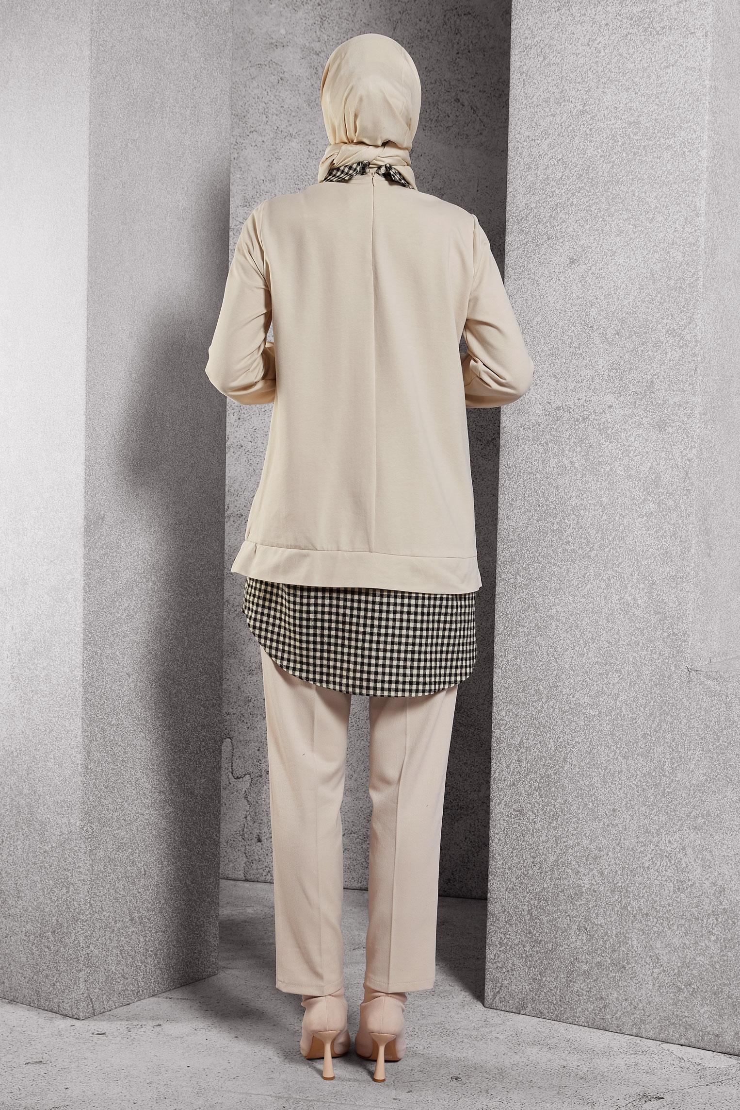 Tesettür giyim BEJ GÖMLEK YAKA TUNİK 45198