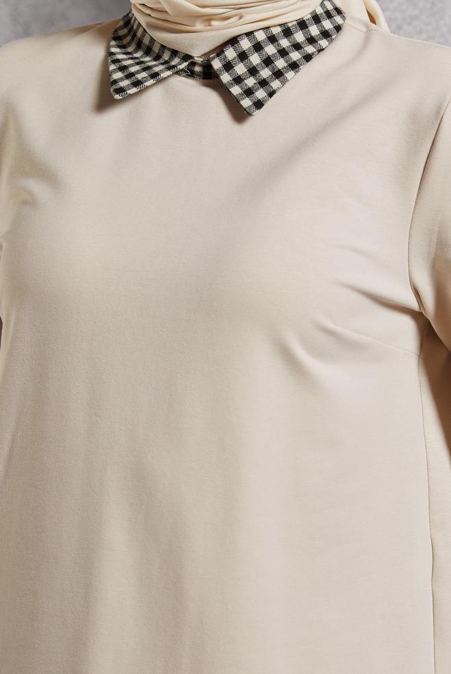 Tesettür giyim BEJ GÖMLEK YAKA TUNİK 45198 - ALVİNA