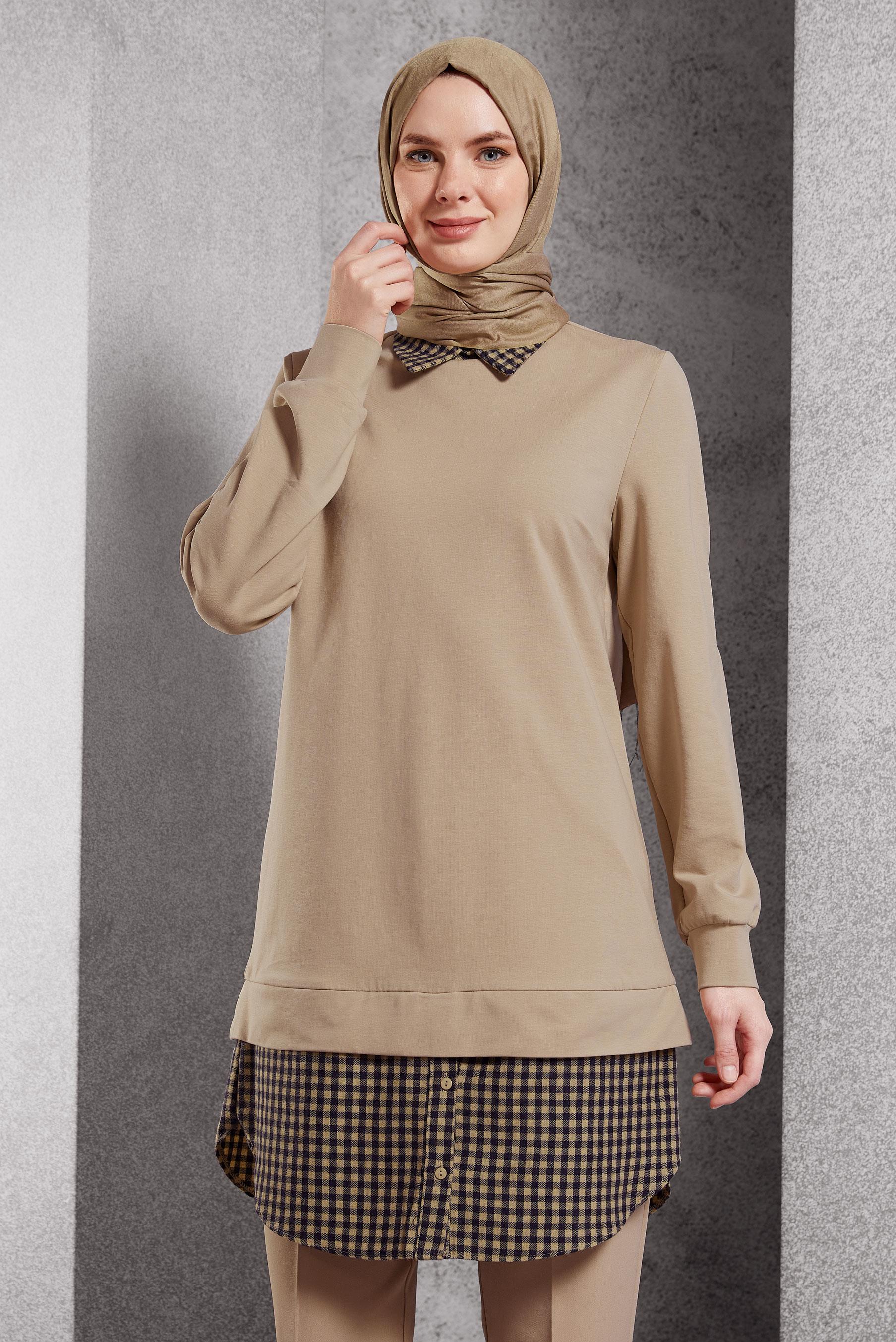 Tesettür giyim KAHVE GÖMLEK YAKA TUNİK 45198