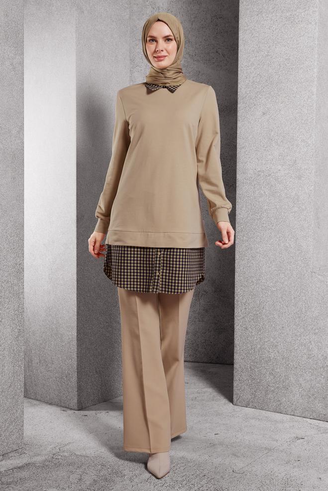 Tesettür giyim KAHVE GÖMLEK YAKA TUNİK 45198 - ALVİNA