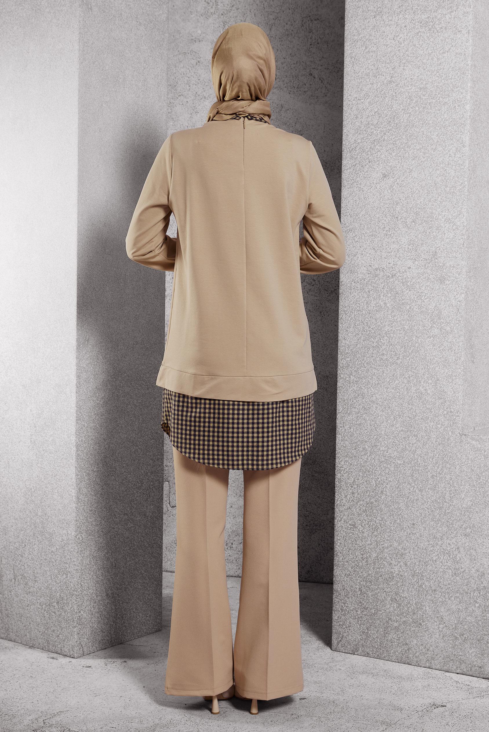 Tesettür giyim KAHVE GÖMLEK YAKA TUNİK 45198