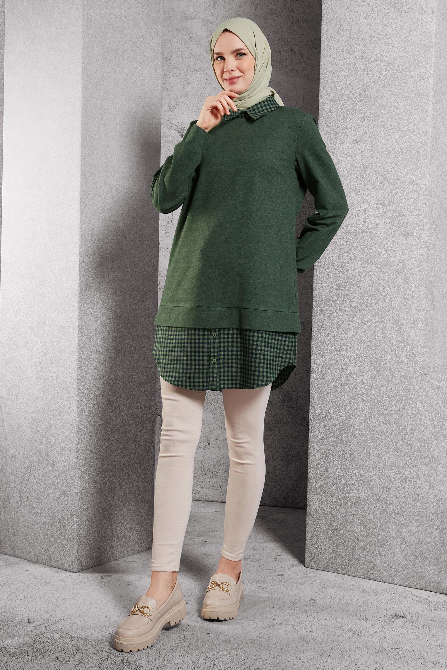 Tesettür giyim HAKİ GÖMLEK YAKA TUNİK 45198