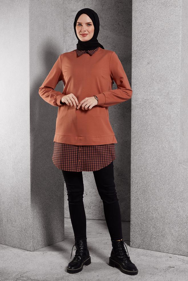 Tesettür giyim TURUNCU GÖMLEK YAKA TUNİK 45198 - ALVİNA