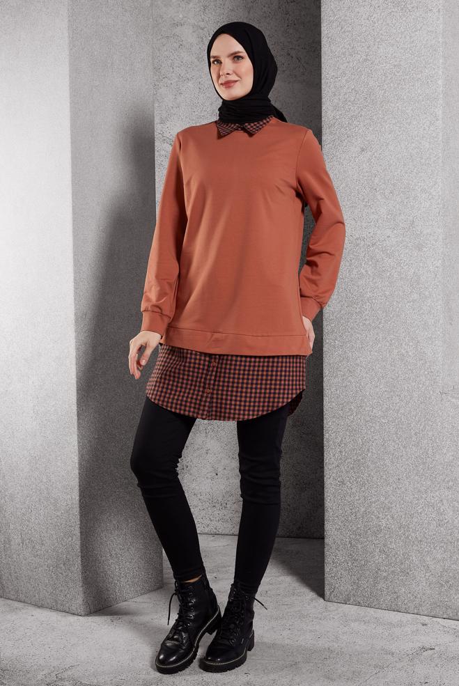 Tesettür giyim TURUNCU GÖMLEK YAKA TUNİK 45198 - ALVİNA