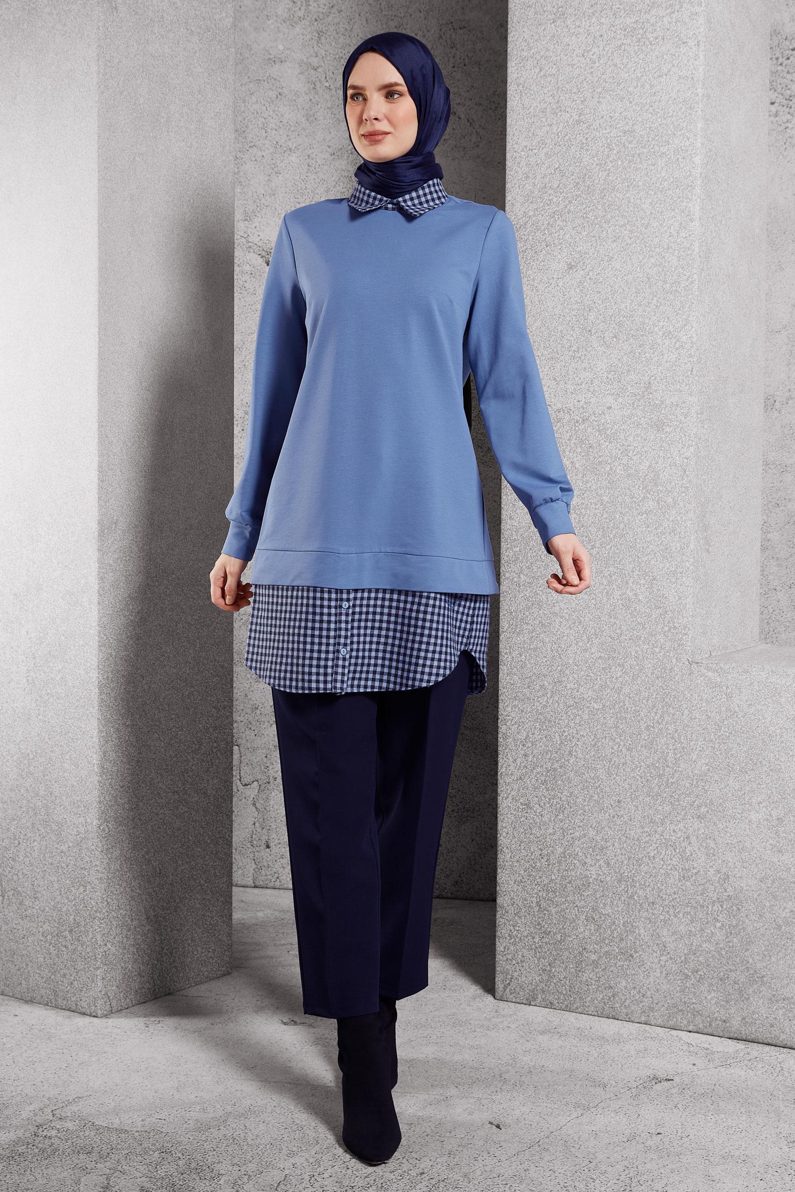 Tesettür giyim MAVİ GÖMLEK YAKA TUNİK 45198