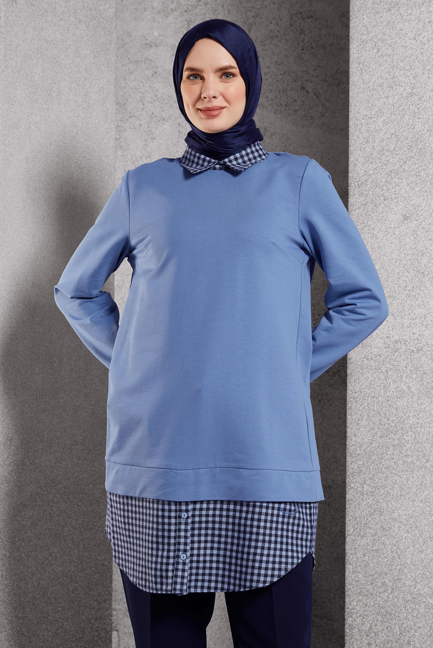 Tesettür giyim MAVİ GÖMLEK YAKA TUNİK 45198