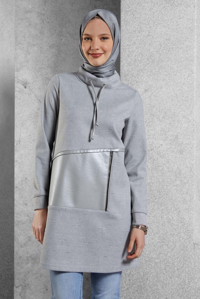 Vêtements hijab GRIS TUNIQUE À COL NOUÉ 45206 - ALVİNA