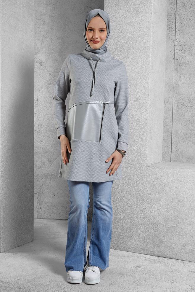Vêtements hijab GRIS TUNIQUE À COL NOUÉ 45206 - ALVİNA